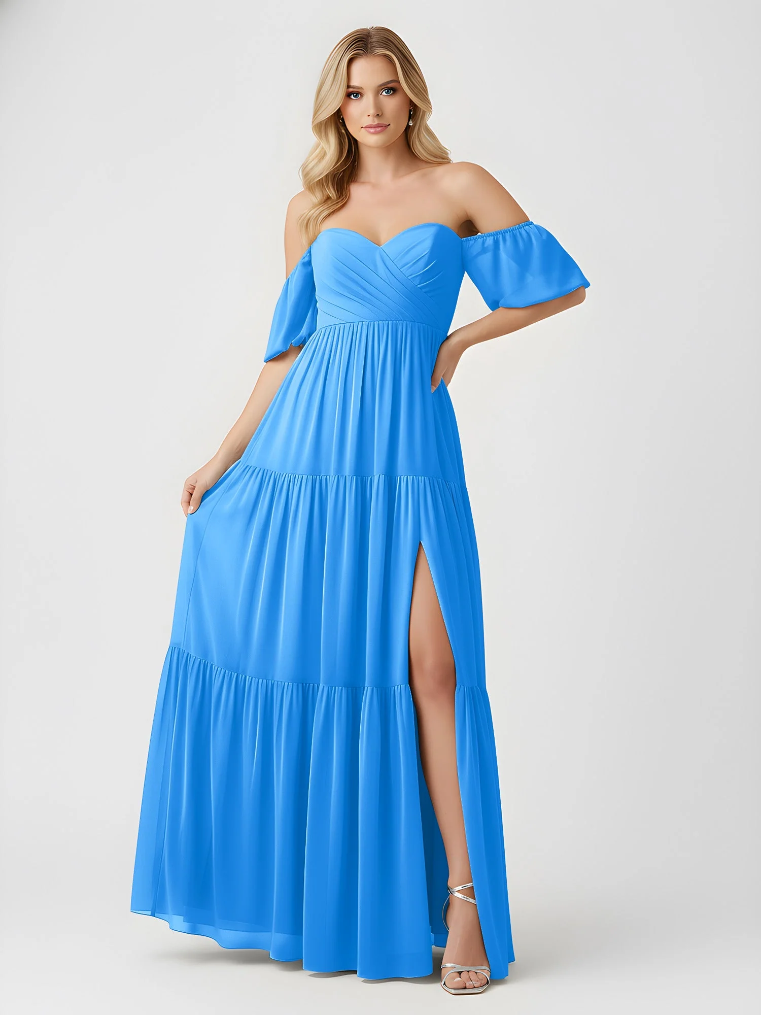 Schulterfrei Stufen Chiffon Maxi Kleid mit Schlitz Meerblau - Image 3