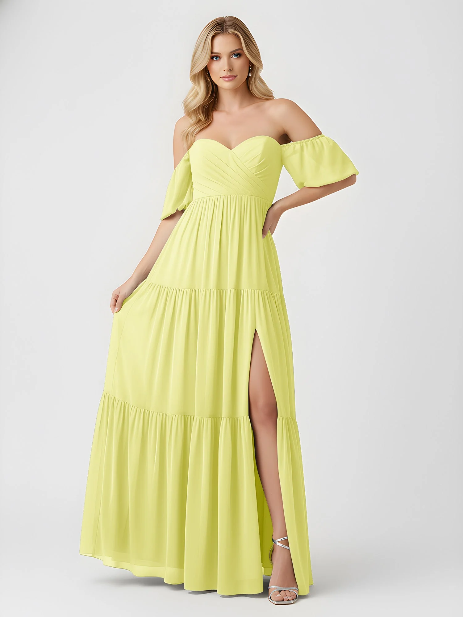 Schulterfrei Stufen Chiffon Maxi Kleid mit Schlitz Narzisse - Image 3