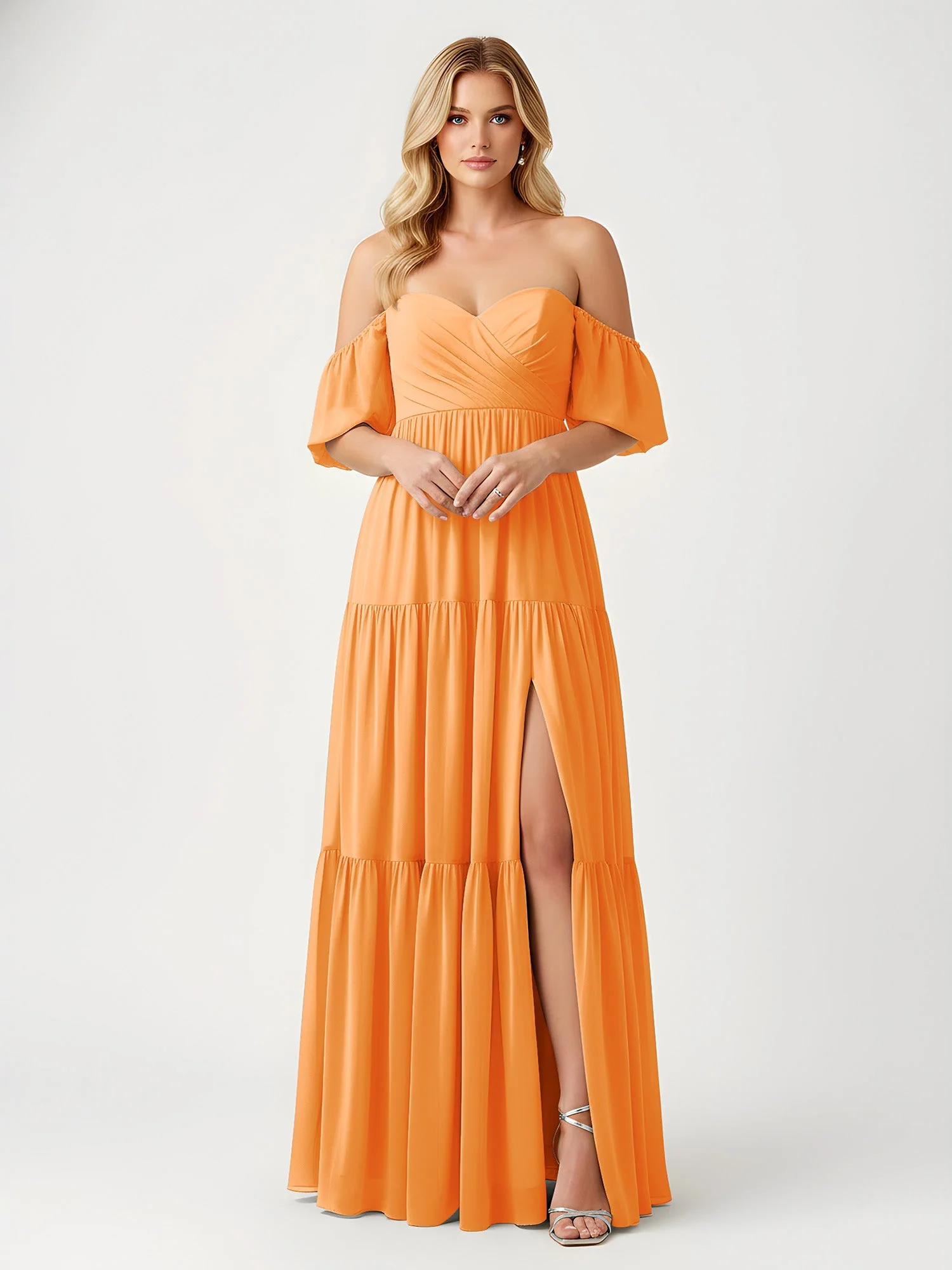 Schulterfrei Stufen Chiffon Maxi Kleid mit Schlitz Orange