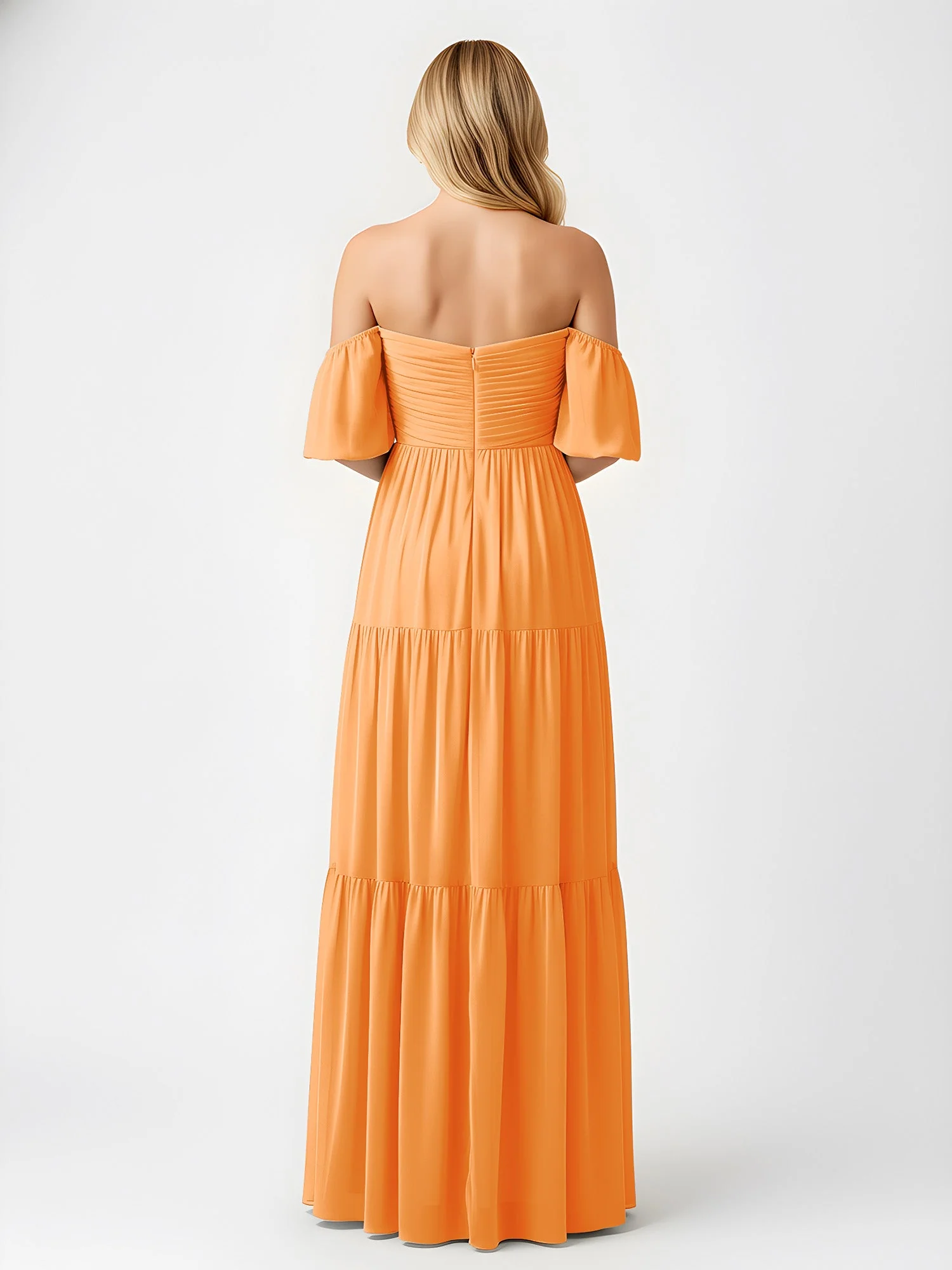 Schulterfrei Stufen Chiffon Maxi Kleid mit Schlitz Orange - Image 2