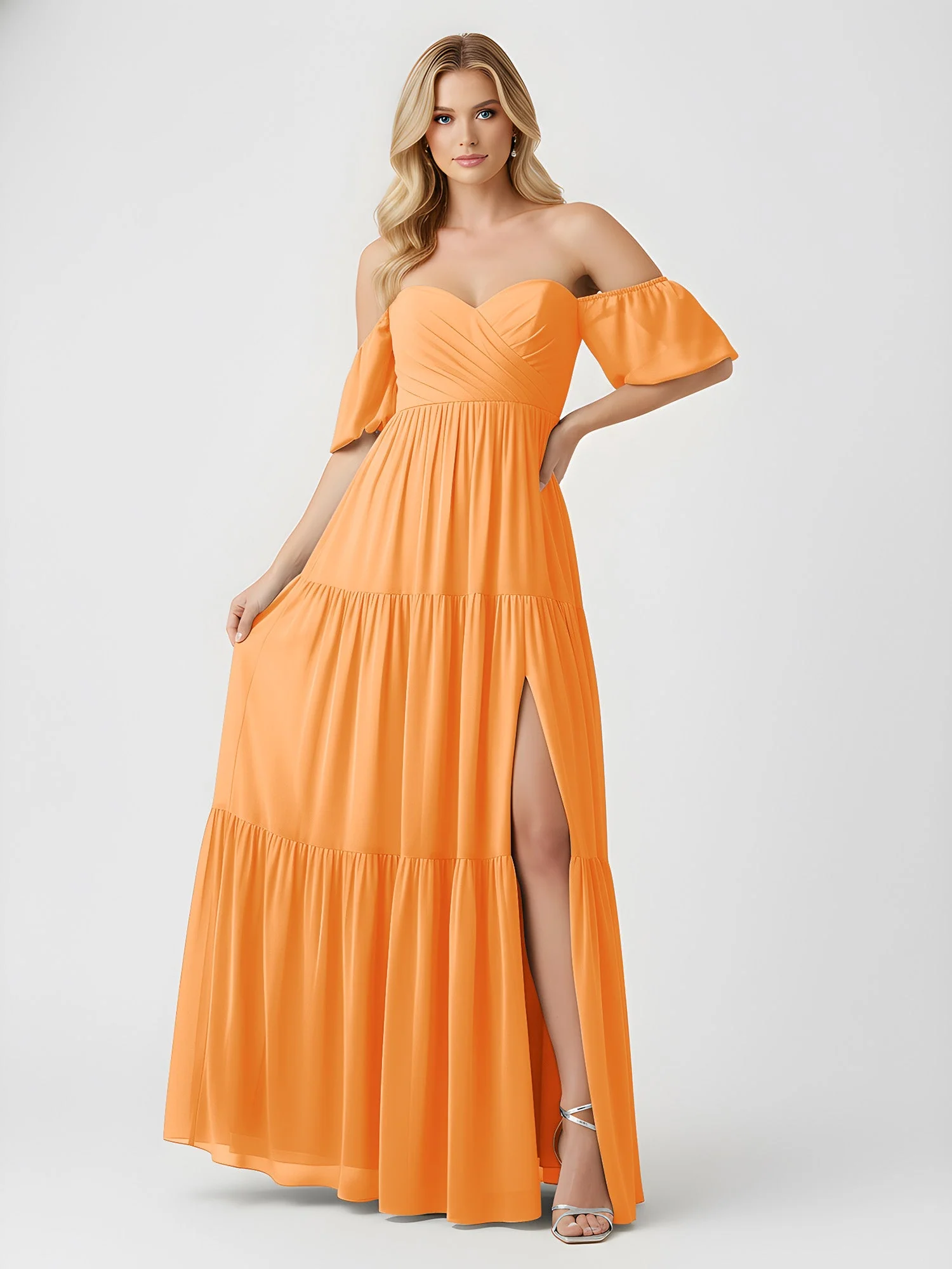 Schulterfrei Stufen Chiffon Maxi Kleid mit Schlitz Orange - Image 3