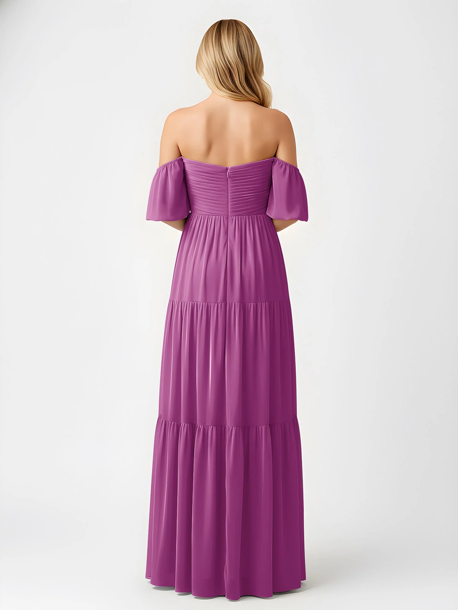 Schulterfrei Stufen Chiffon Maxi Kleid mit Schlitz Orchidee - Image 2