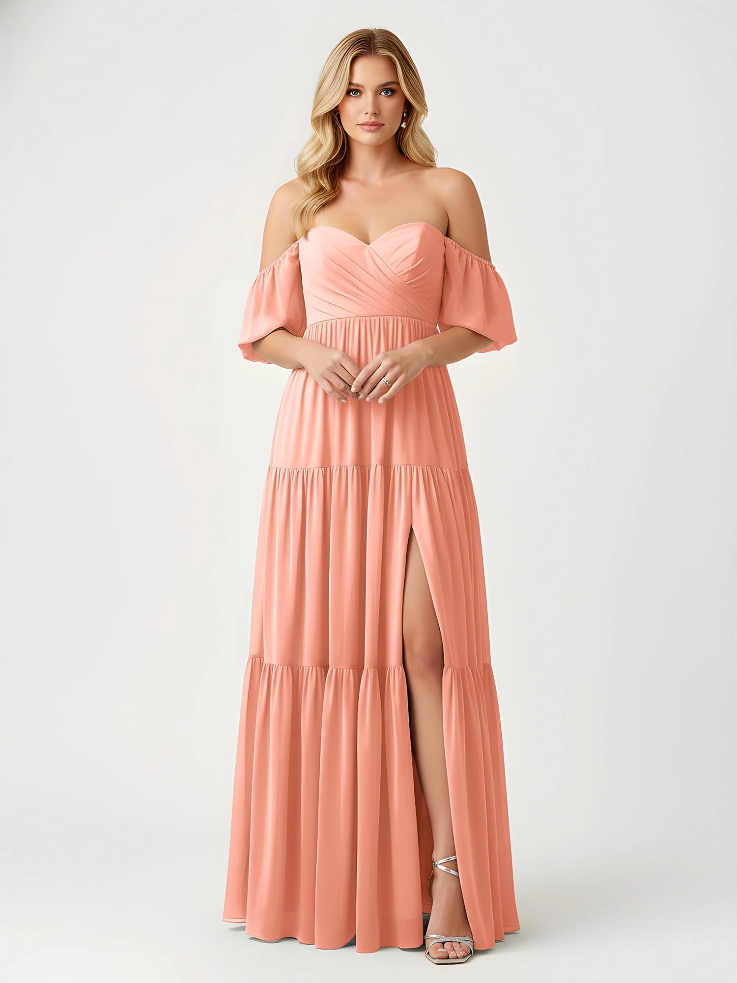 Schulterfrei Stufen Chiffon Maxi Kleid mit Schlitz Papaya