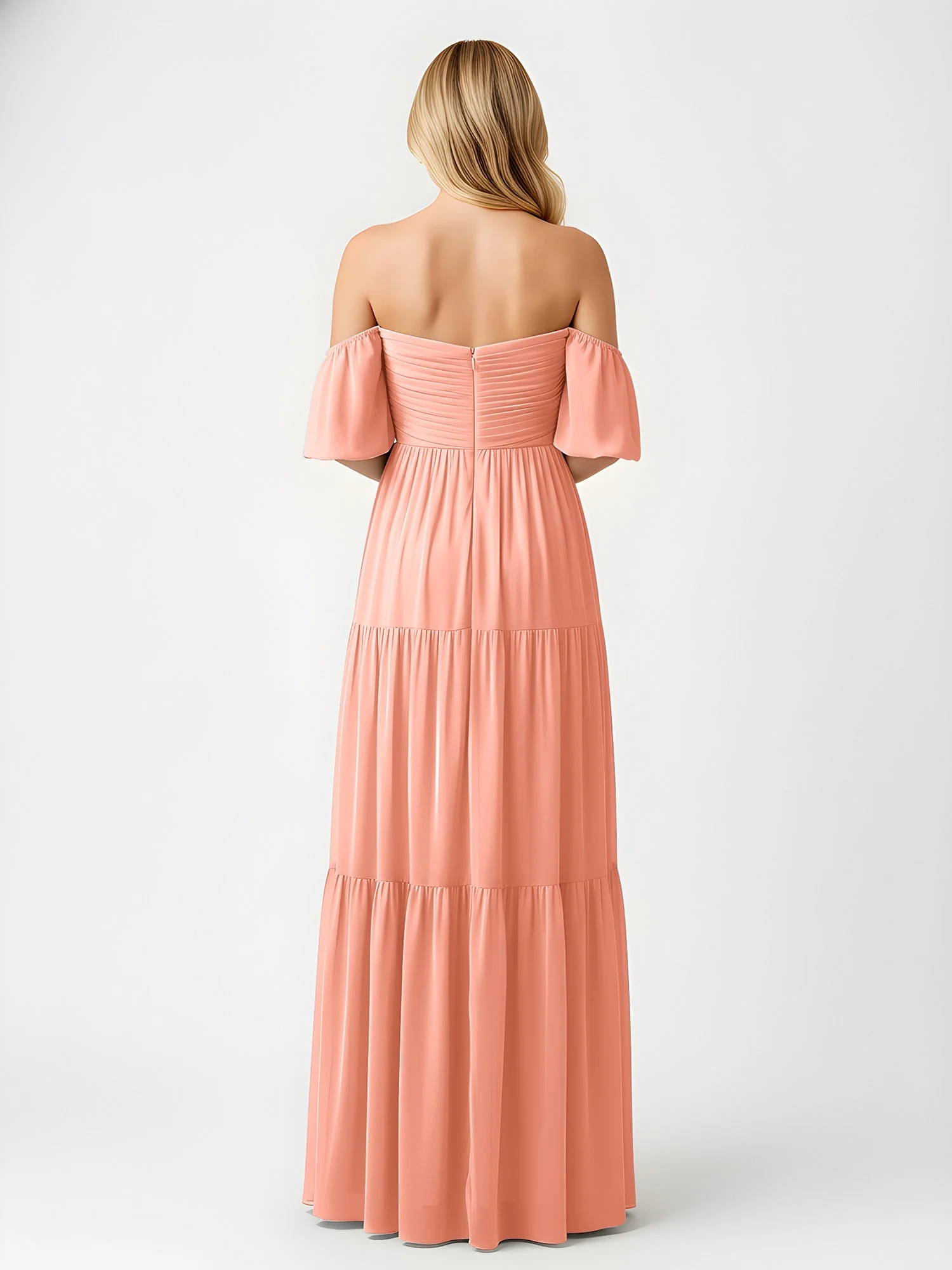 Schulterfrei Stufen Chiffon Maxi Kleid mit Schlitz Papaya - Image 2