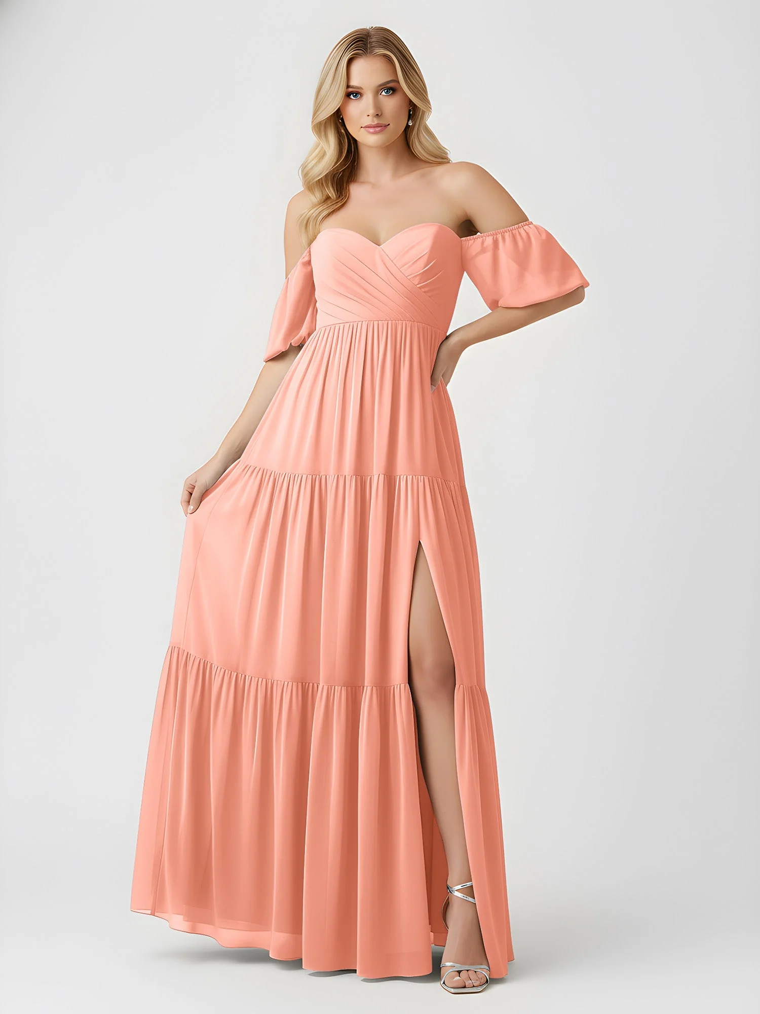 Schulterfrei Stufen Chiffon Maxi Kleid mit Schlitz Papaya - Image 3