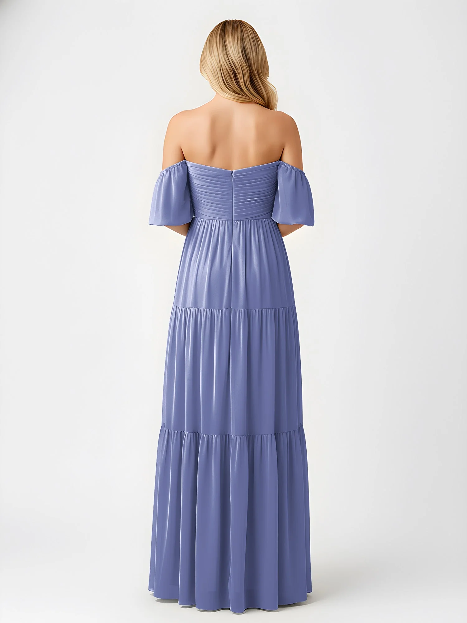 Schulterfrei Stufen Chiffon Maxi Kleid mit Schlitz Periwinkleblau - Image 2