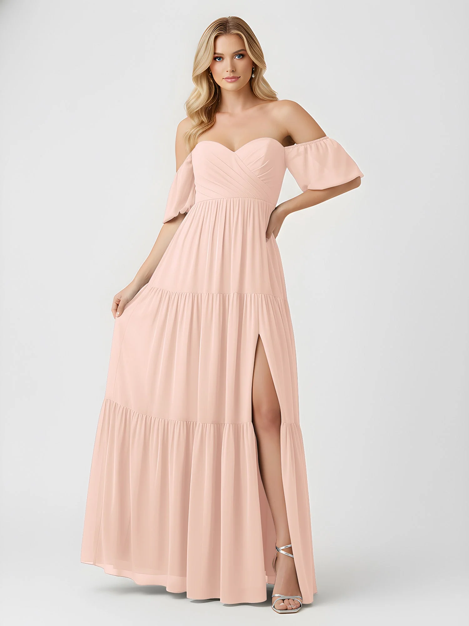 Schulterfrei Stufen Chiffon Maxi Kleid mit Schlitz Perlrosa - Image 3