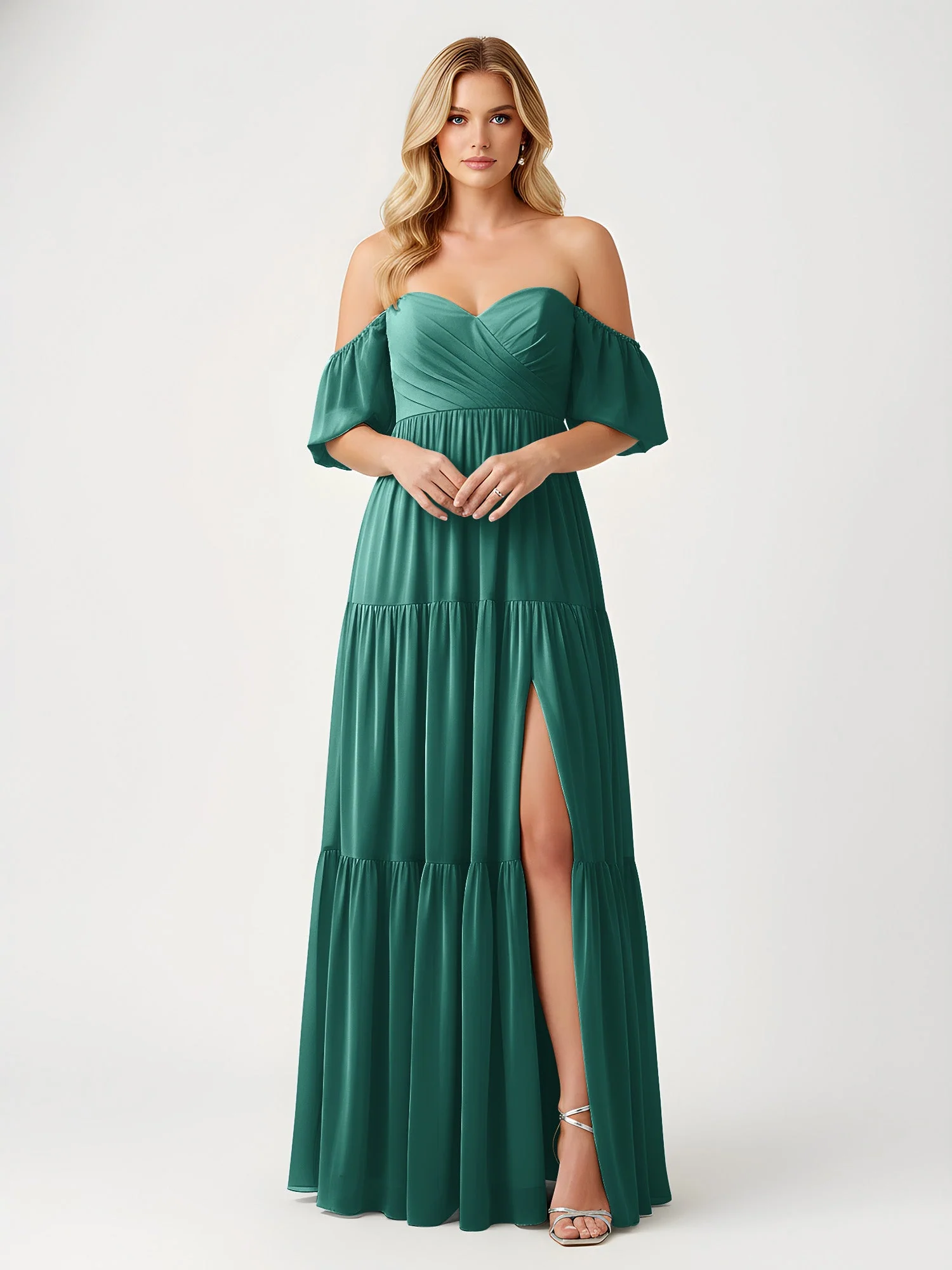 Schulterfrei Stufen Chiffon Maxi Kleid mit Schlitz Pfau
