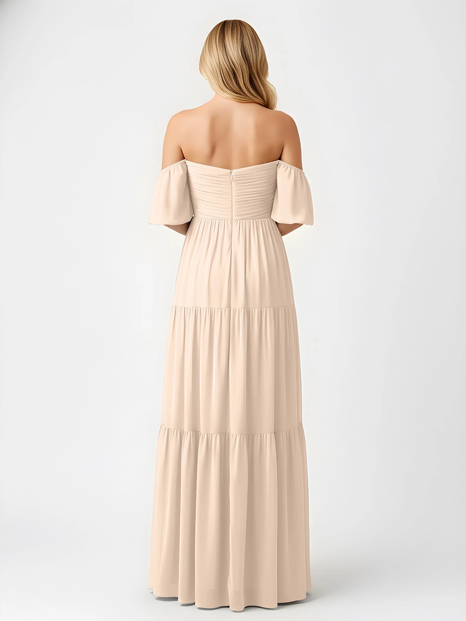 Schulterfrei Stufen Chiffon Maxi Kleid mit Schlitz Pfirsich - Image 2