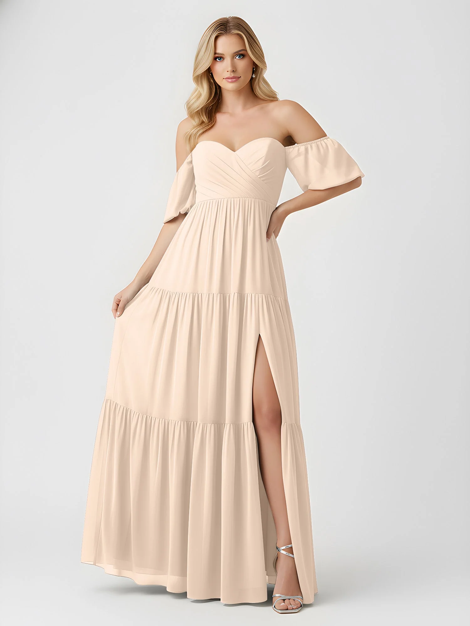 Schulterfrei Stufen Chiffon Maxi Kleid mit Schlitz Pfirsich - Image 3