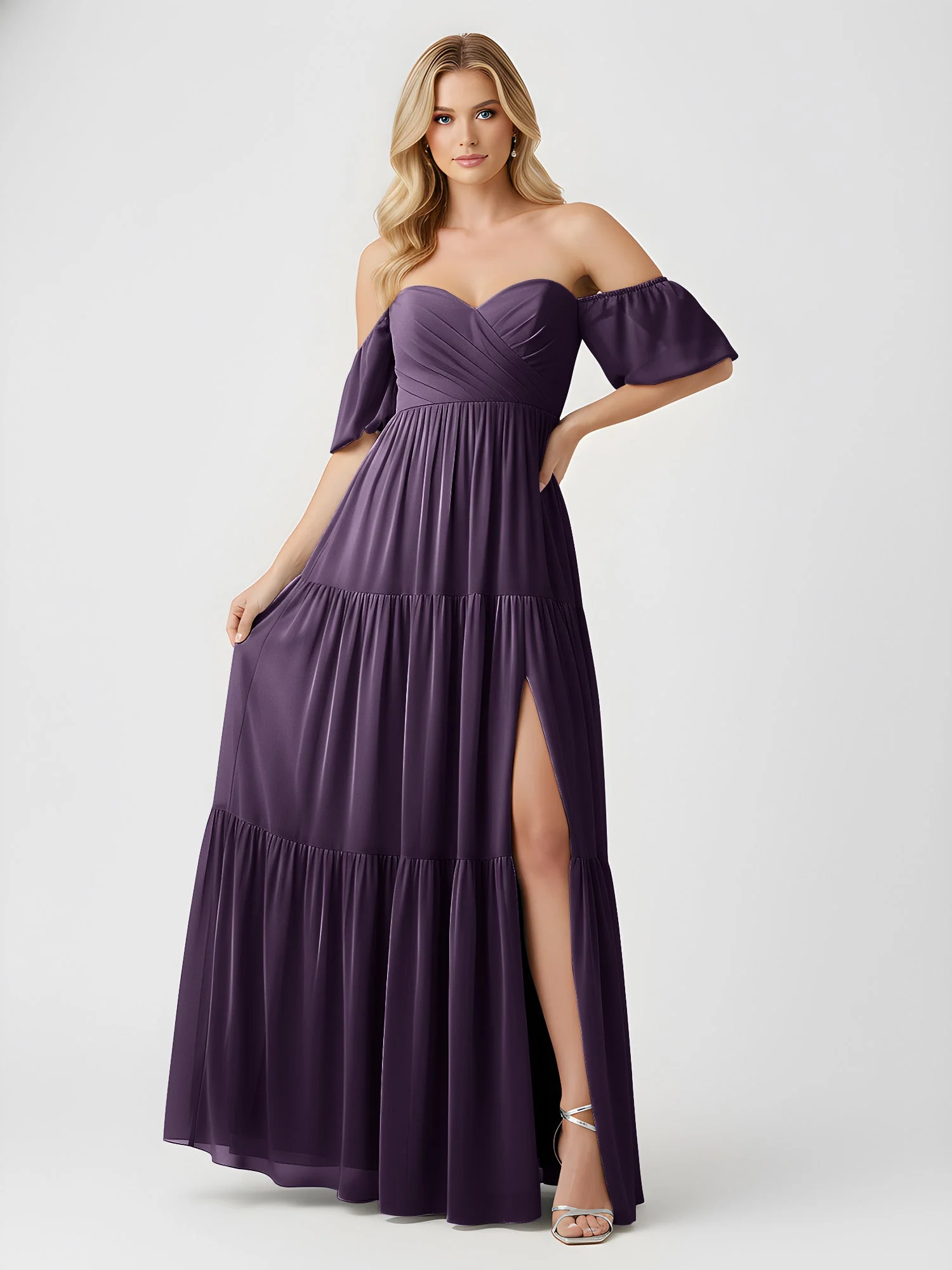 Schulterfrei Stufen Chiffon Maxi Kleid mit Schlitz Plum - Image 3
