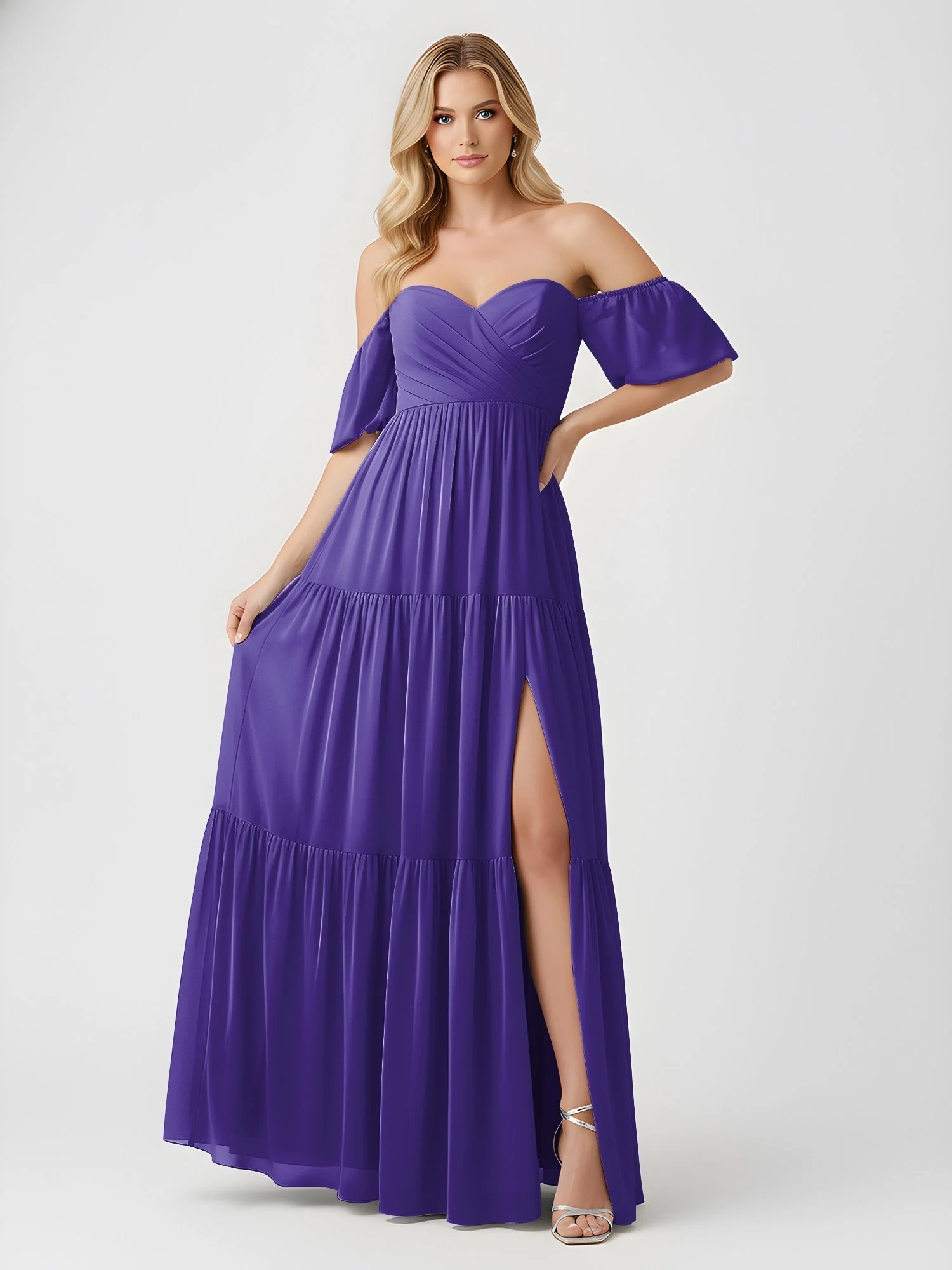 Schulterfrei Stufen Chiffon Maxi Kleid mit Schlitz Regentschaft - Image 3