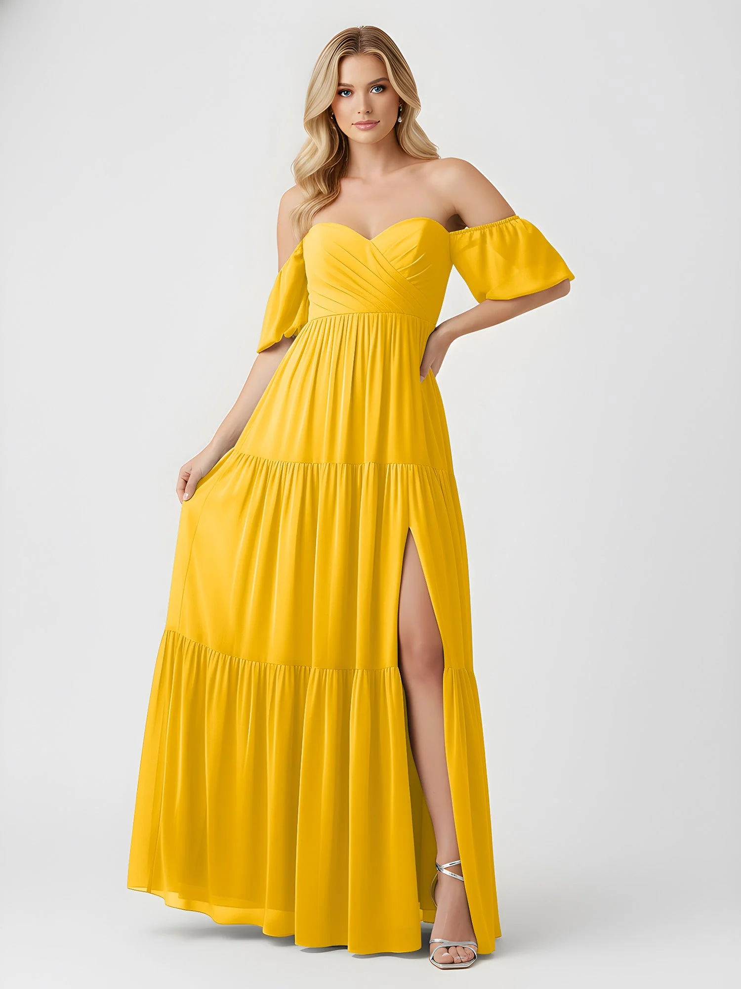 Schulterfrei Stufen Chiffon Maxi Kleid mit Schlitz Ringelblume - Image 3
