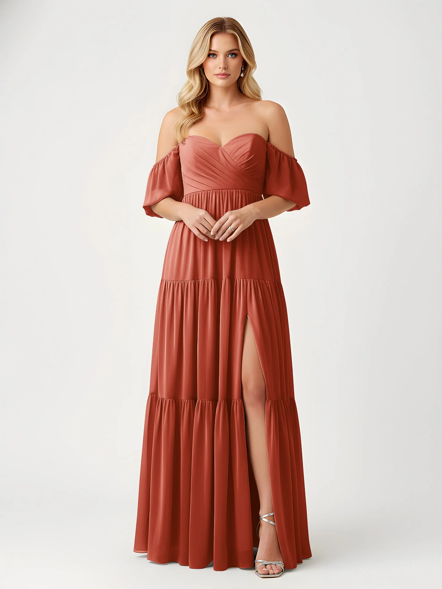 Schulterfrei Stufen Chiffon Maxi Kleid mit Schlitz Rost