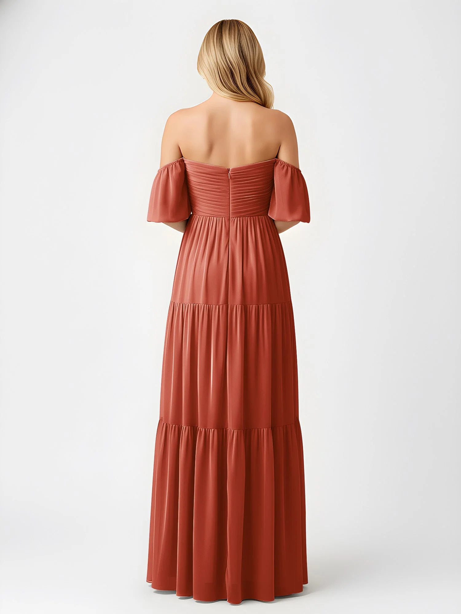 Schulterfrei Stufen Chiffon Maxi Kleid mit Schlitz Rost - Image 2