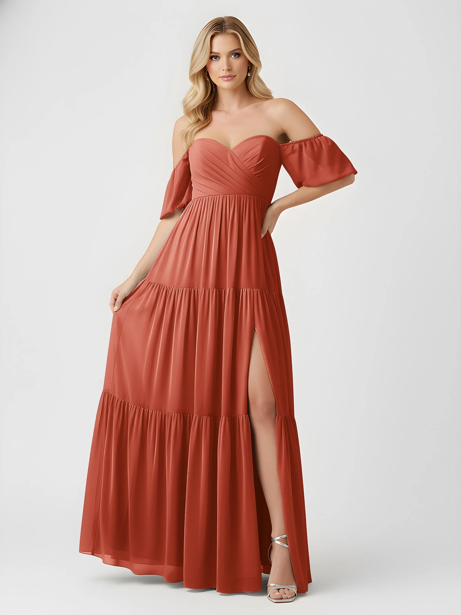 Schulterfrei Stufen Chiffon Maxi Kleid mit Schlitz Rost - Image 3