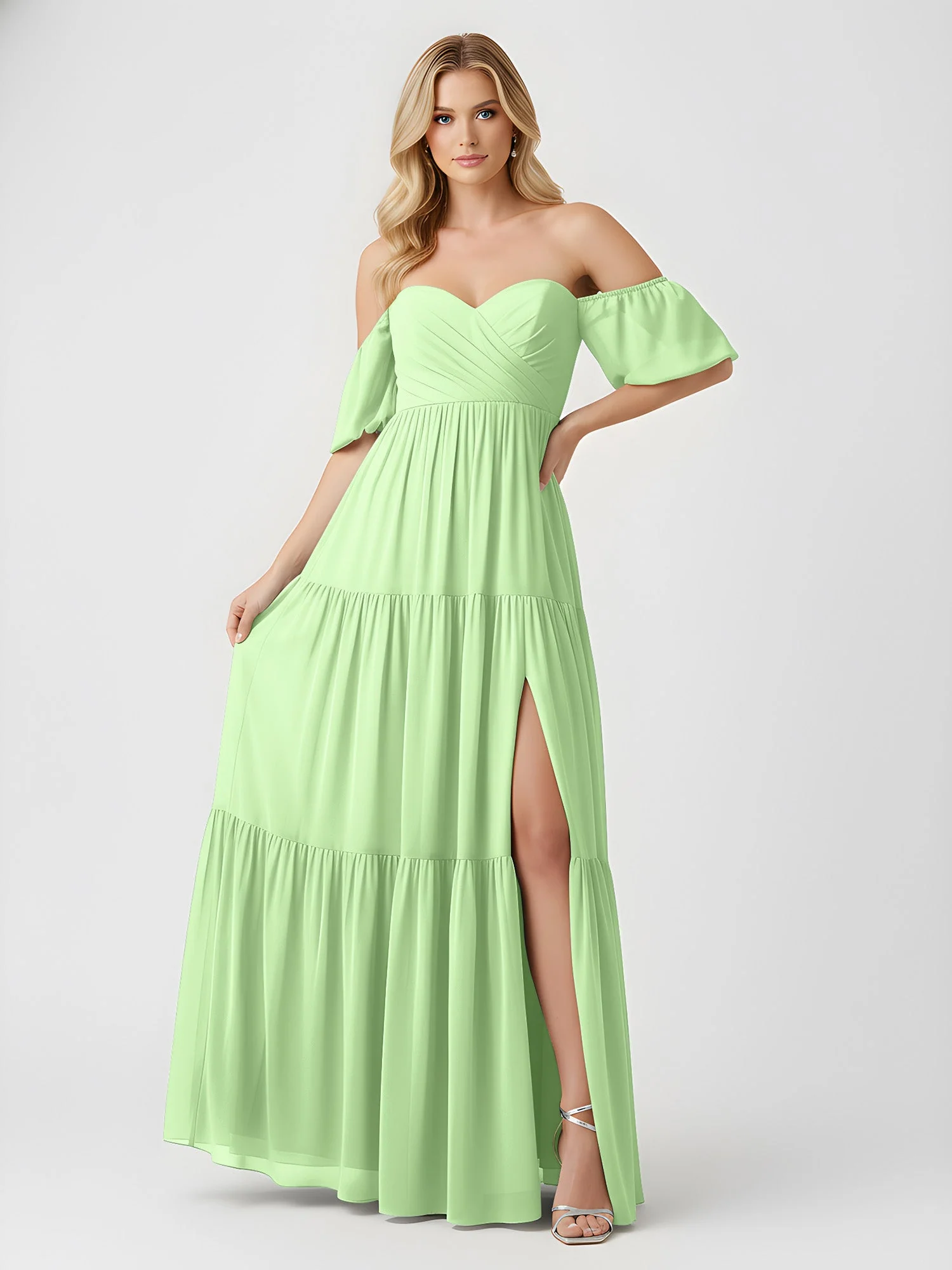 Schulterfrei Stufen Chiffon Maxi Kleid mit Schlitz Salbei - Image 3