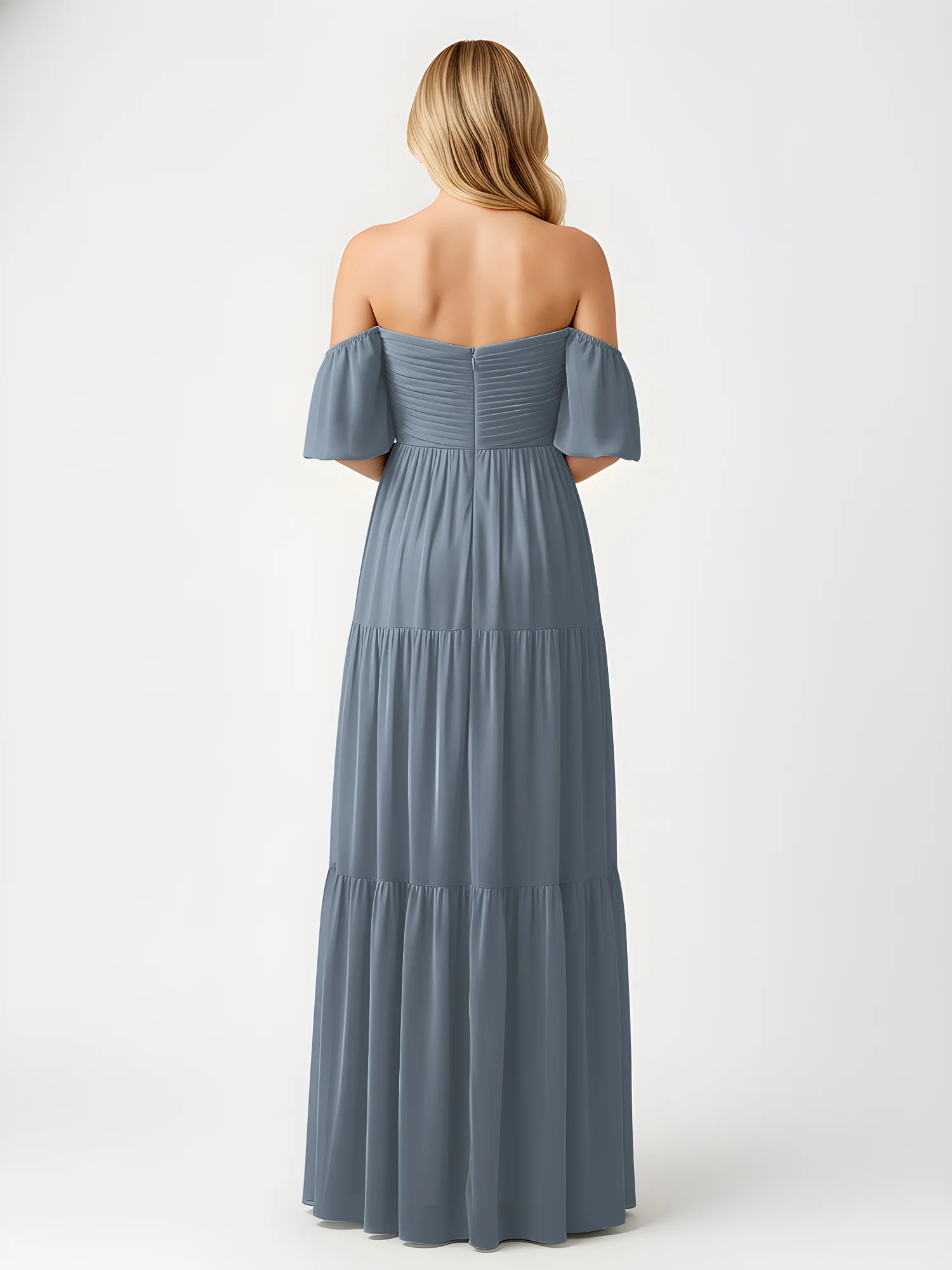 Schulterfrei Stufen Chiffon Maxi Kleid mit Schlitz Schiefer Blau - Image 2