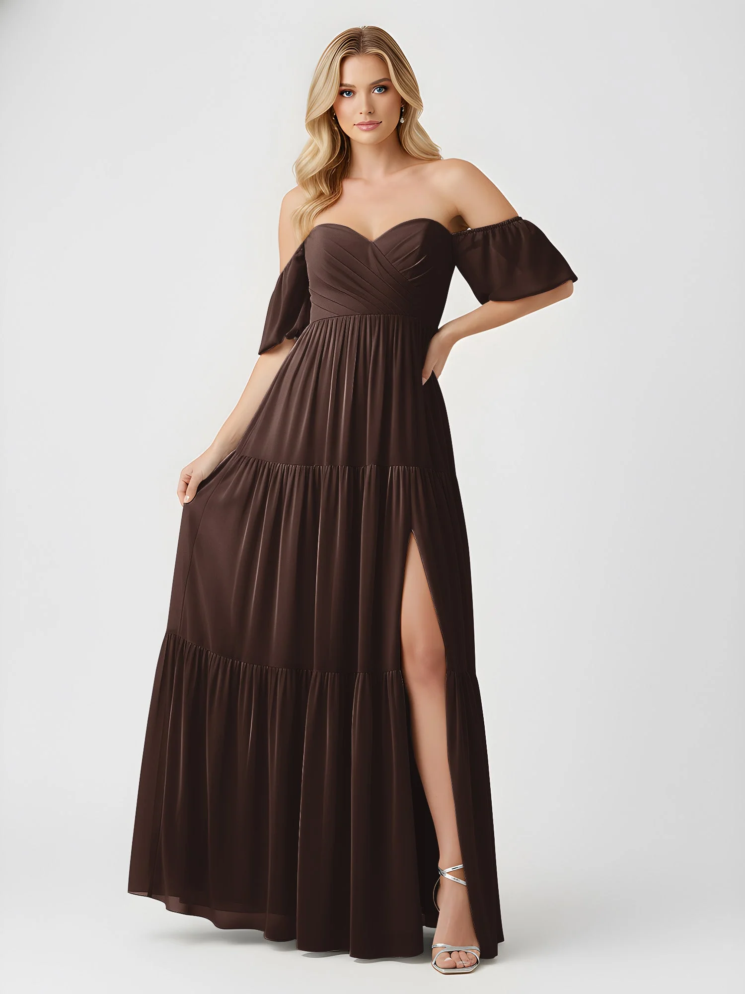 Schulterfrei Stufen Chiffon Maxi Kleid mit Schlitz Schokolade - Image 3