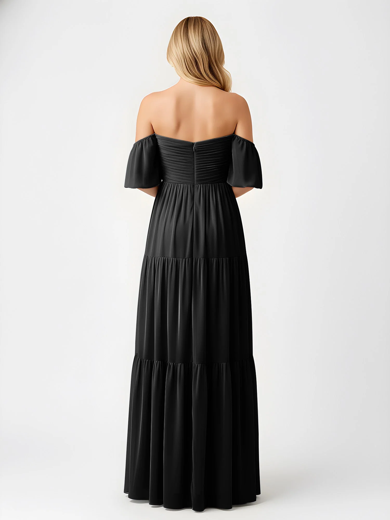 Schulterfrei Stufen Chiffon Maxi Kleid mit Schlitz Schwarz - Image 2