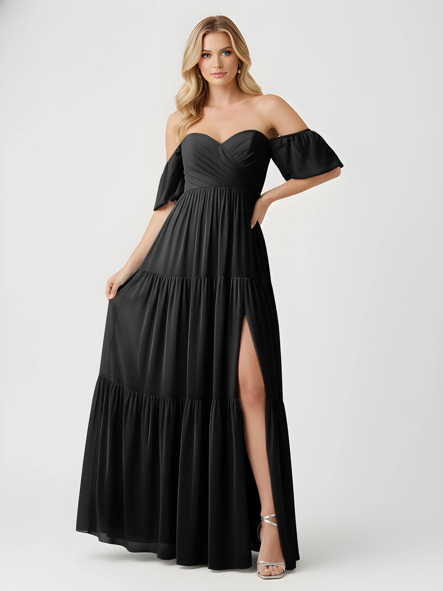 Schulterfrei Stufen Chiffon Maxi Kleid mit Schlitz Schwarz - Image 3
