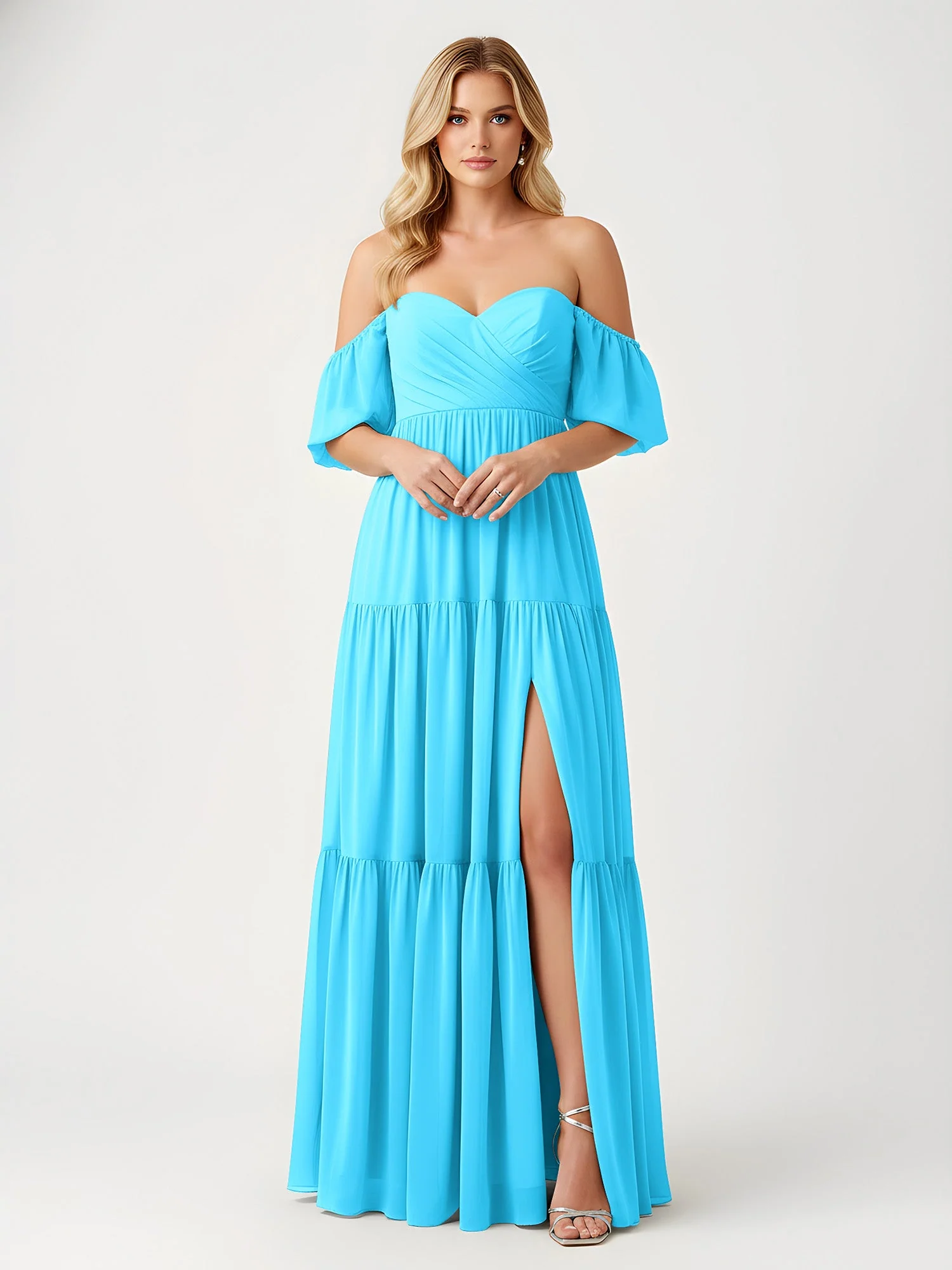 Schulterfrei Stufen Chiffon Maxi Kleid mit Schlitz Schwimmbadblau