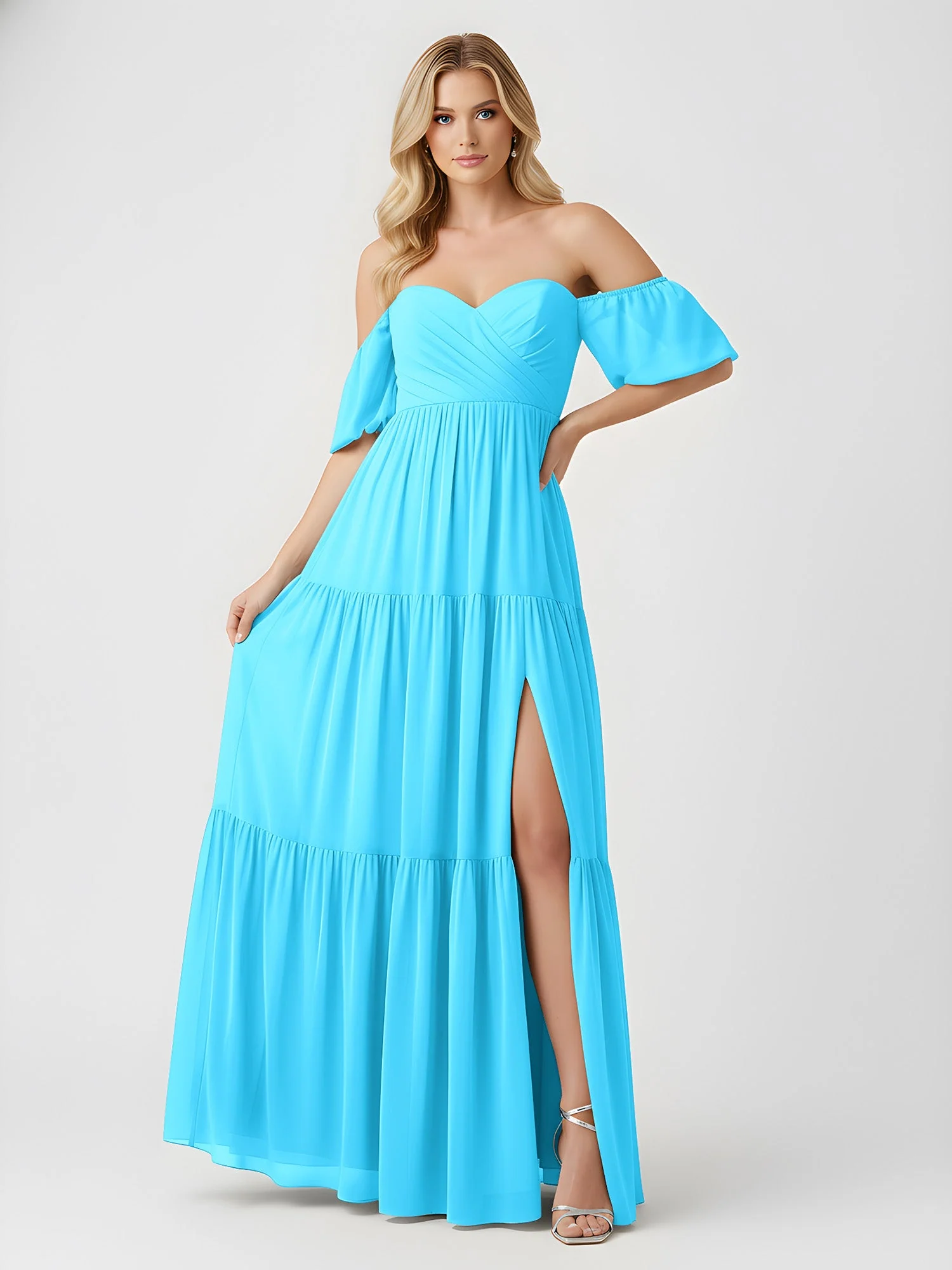 Schulterfrei Stufen Chiffon Maxi Kleid mit Schlitz Schwimmbadblau - Image 3