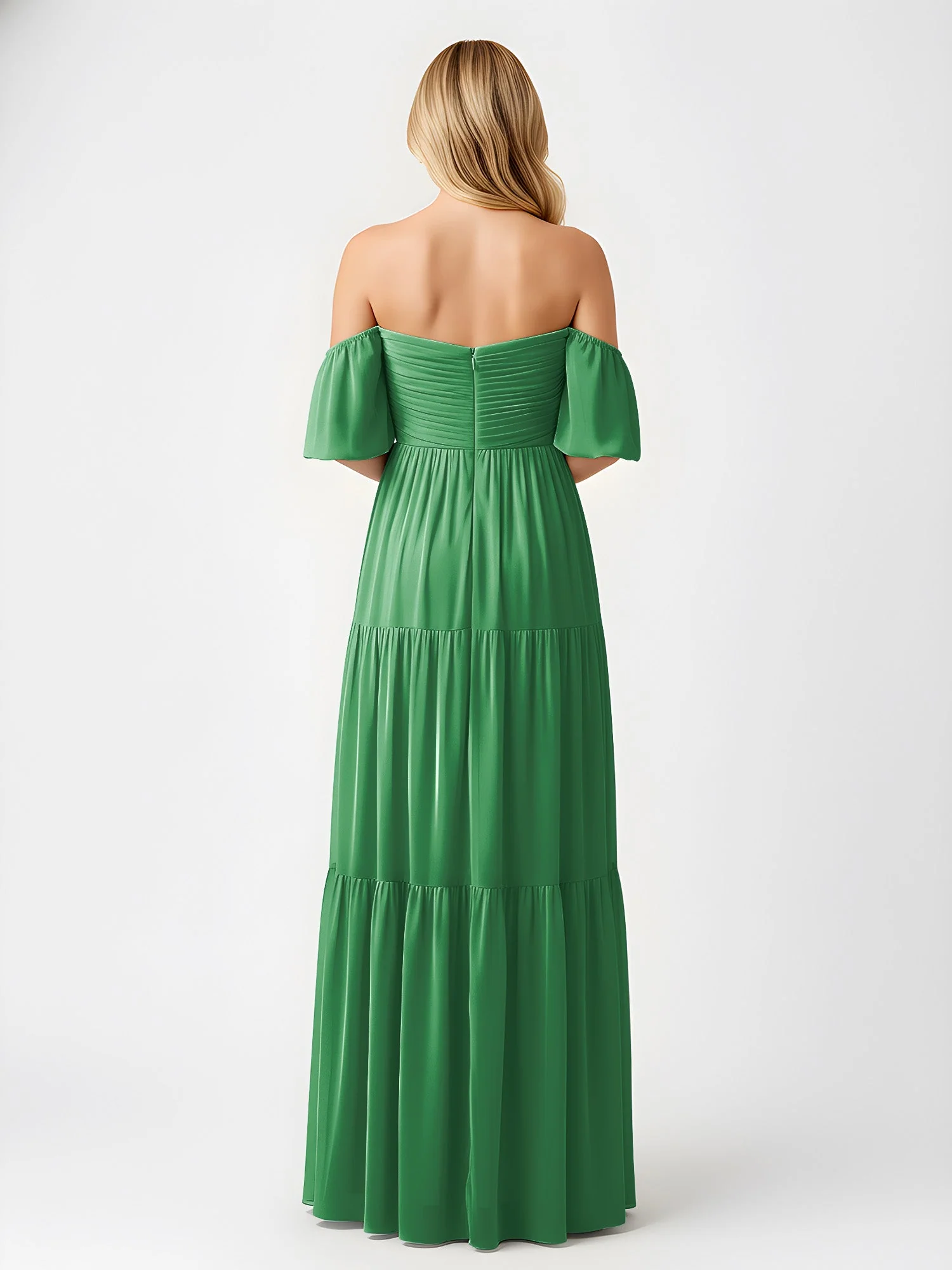 Schulterfrei Stufen Chiffon Maxi Kleid mit Schlitz Smaragd - Image 2