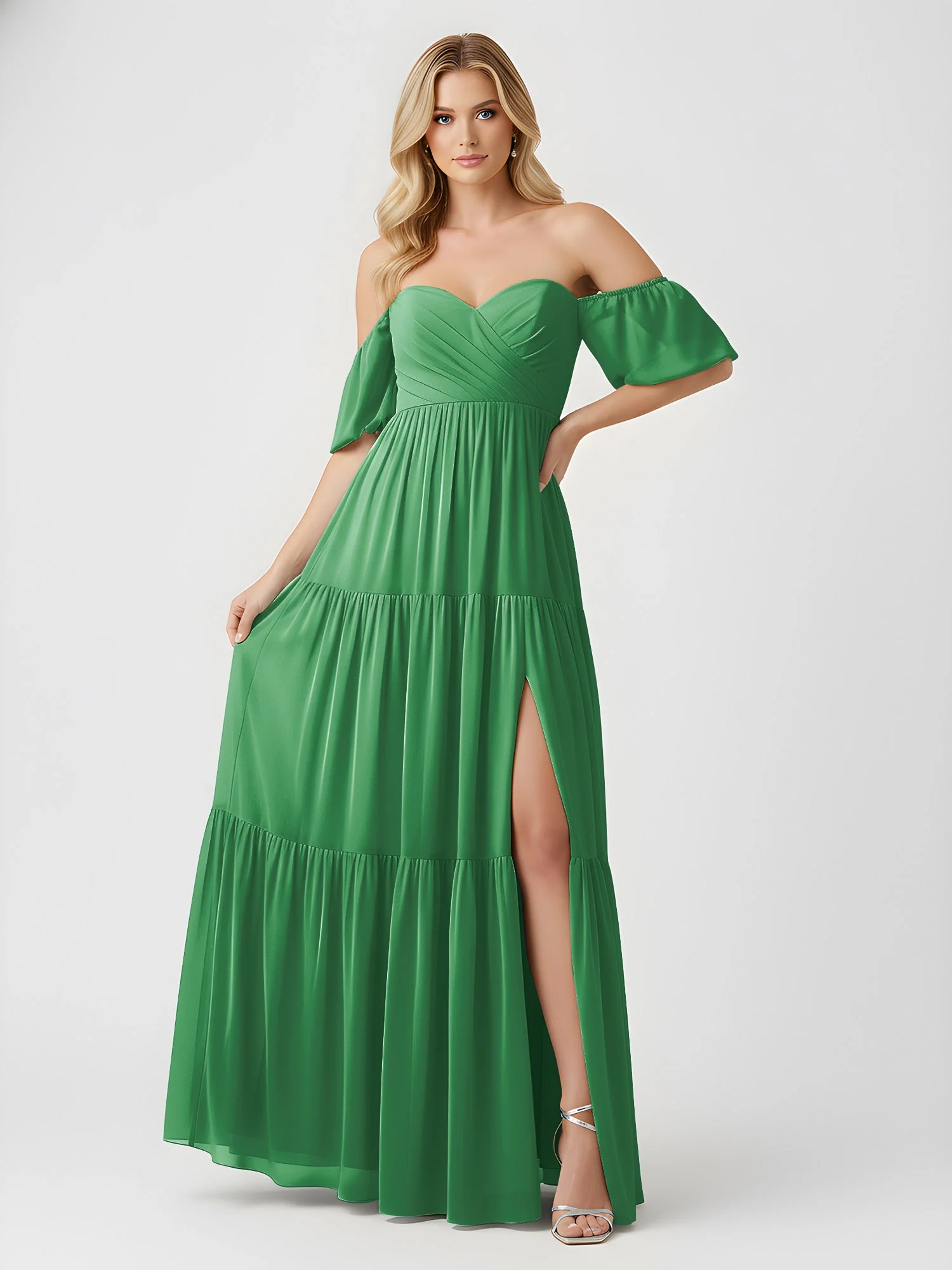 Schulterfrei Stufen Chiffon Maxi Kleid mit Schlitz Smaragd - Image 3