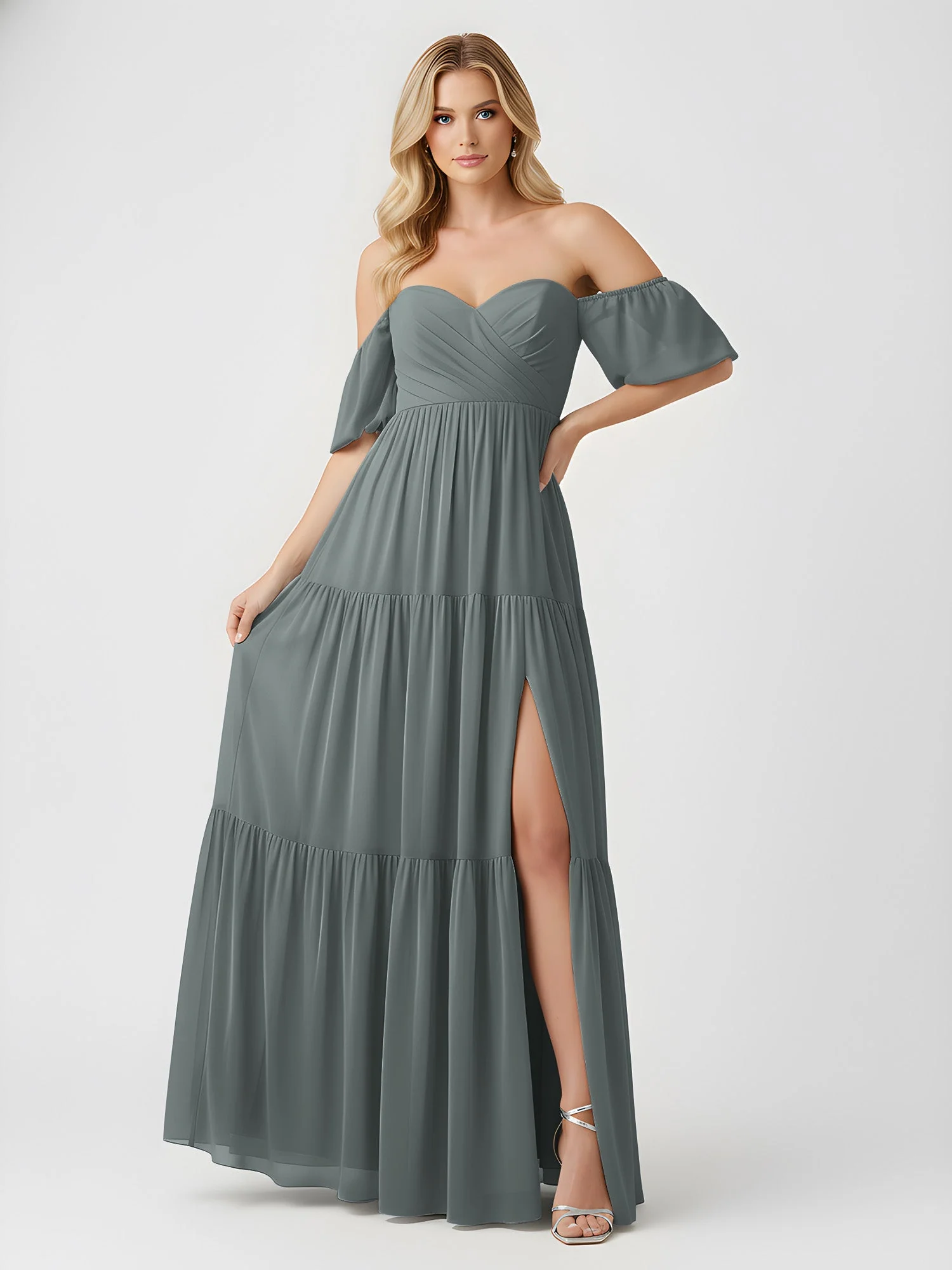 Schulterfrei Stufen Chiffon Maxi Kleid mit Schlitz Stahlgrau - Image 3