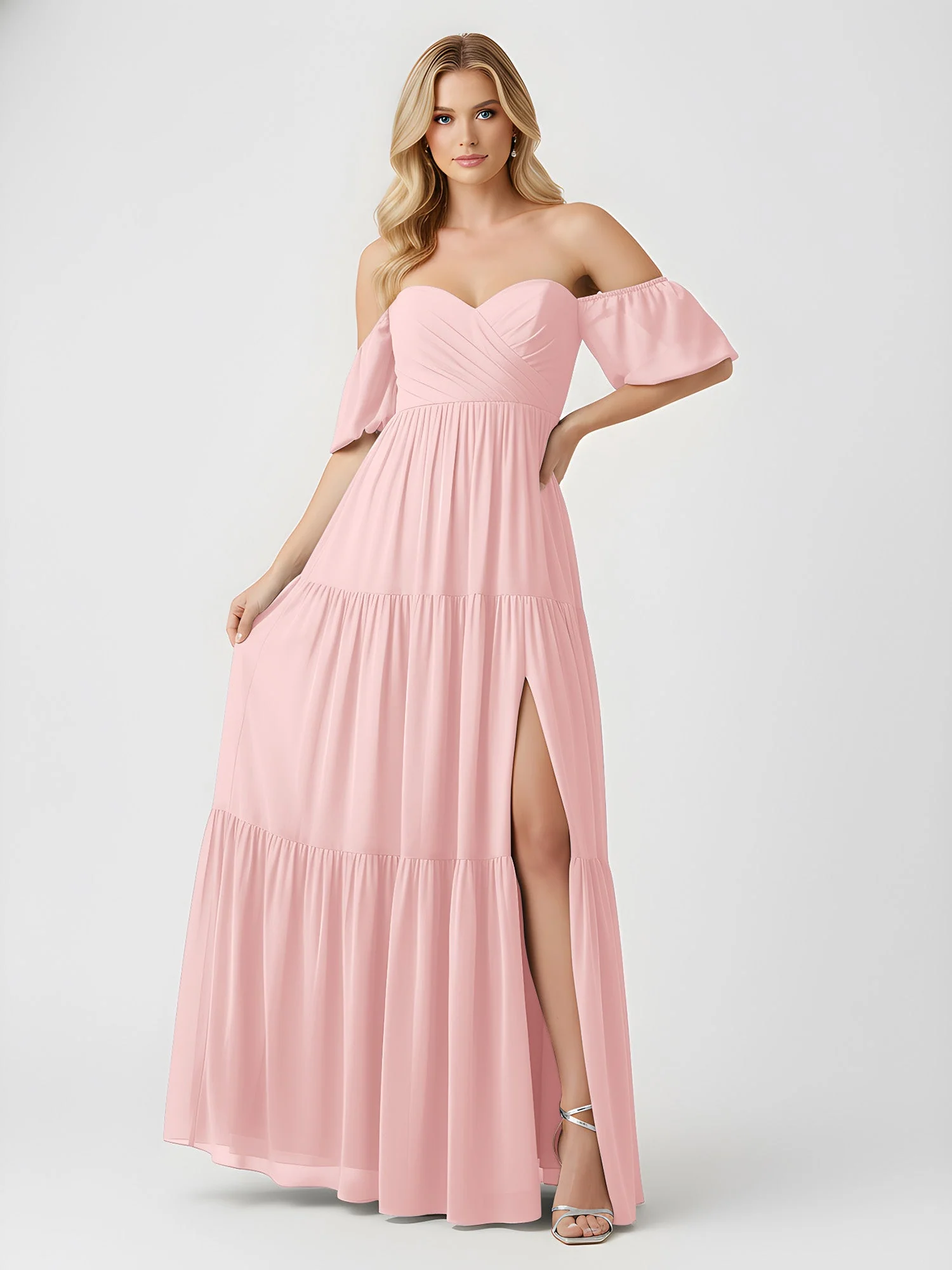 Schulterfrei Stufen Chiffon Maxi Kleid mit Schlitz Staubige Rosa - Image 3