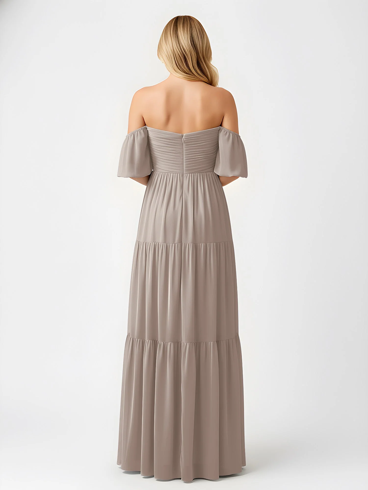 Schulterfrei Stufen Chiffon Maxi Kleid mit Schlitz Taupe - Image 2