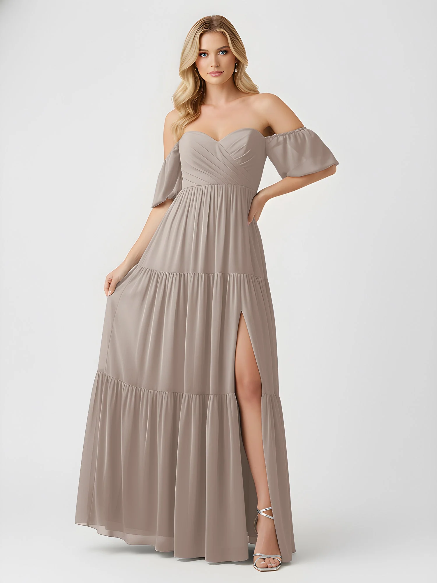 Schulterfrei Stufen Chiffon Maxi Kleid mit Schlitz Taupe - Image 3