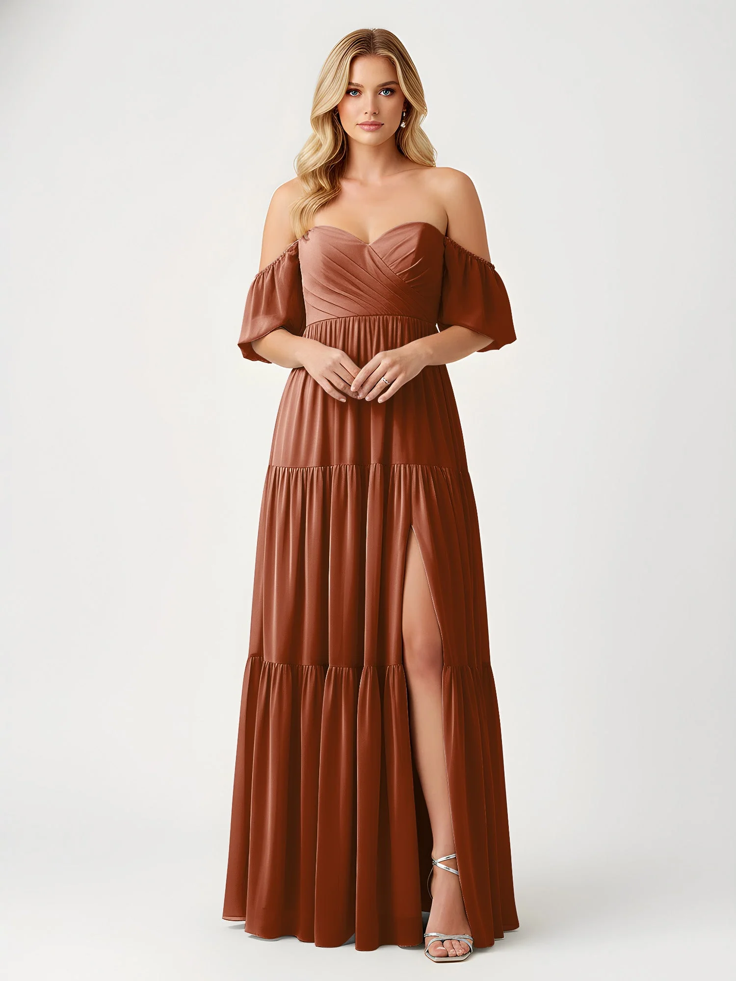 Schulterfrei Stufen Chiffon Maxi Kleid mit Schlitz Terrakotta
