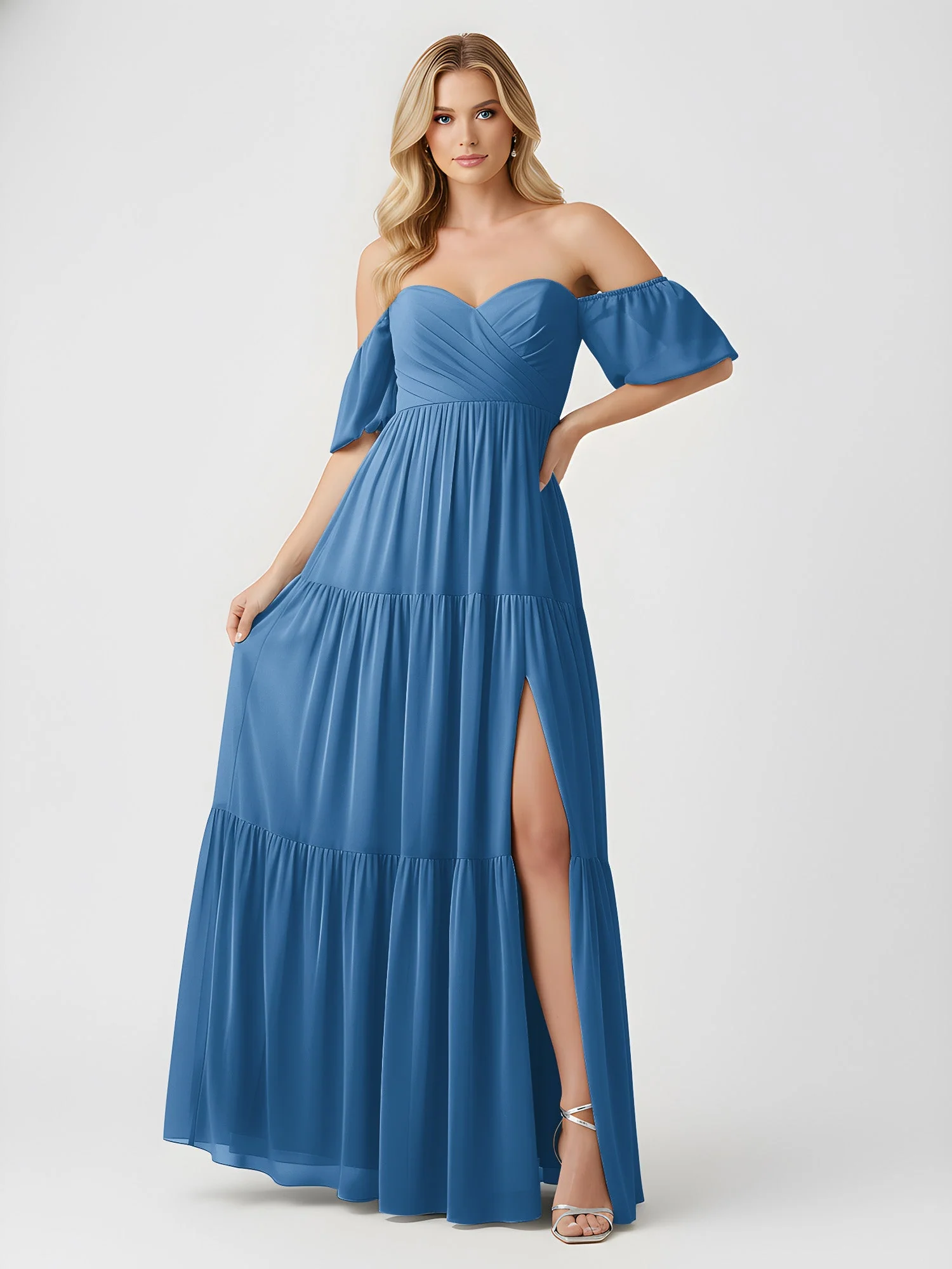 Schulterfrei Stufen Chiffon Maxi Kleid mit Schlitz Tinte Blau - Image 3