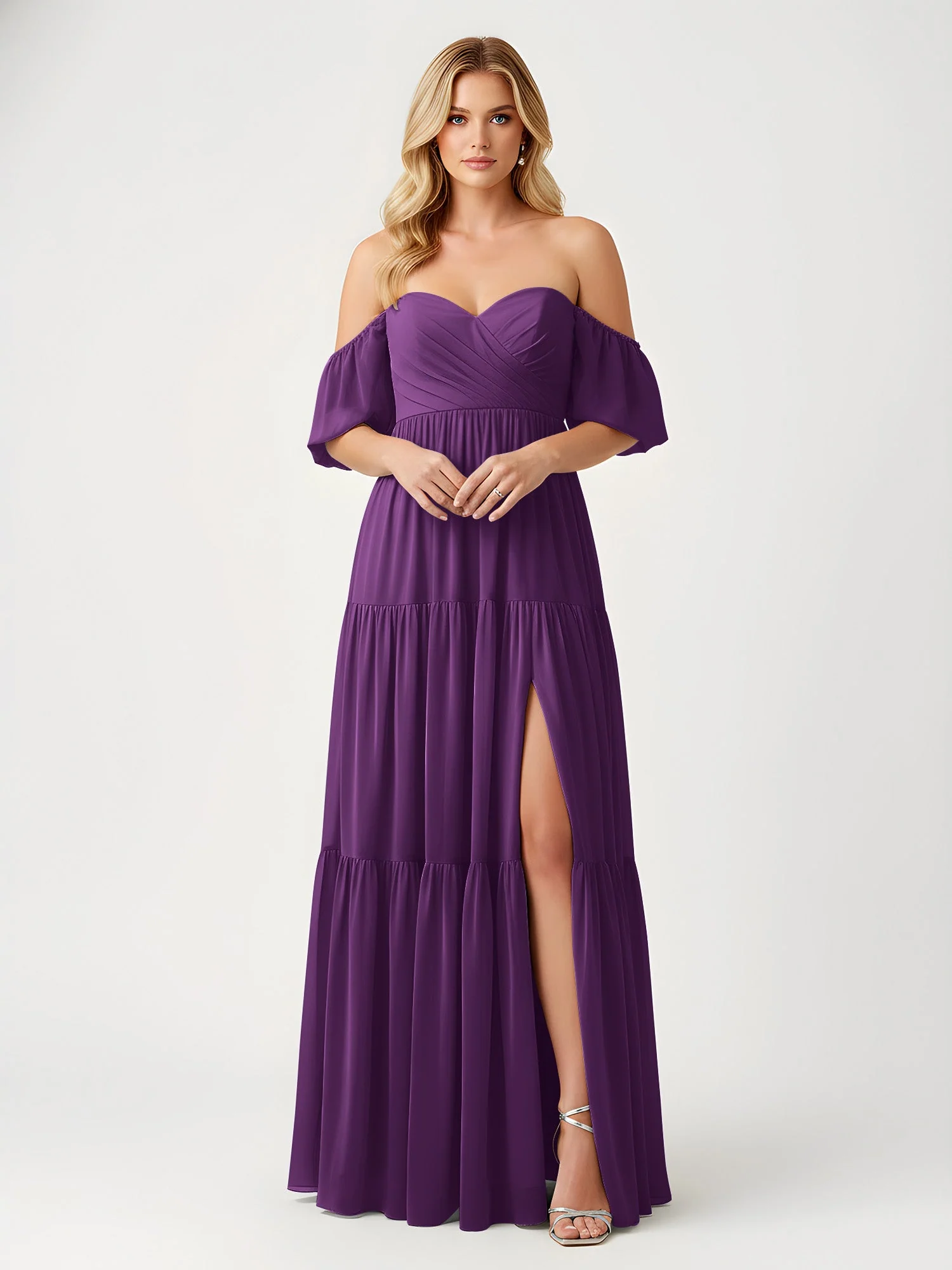 Schulterfrei Stufen Chiffon Maxi Kleid mit Schlitz Traube