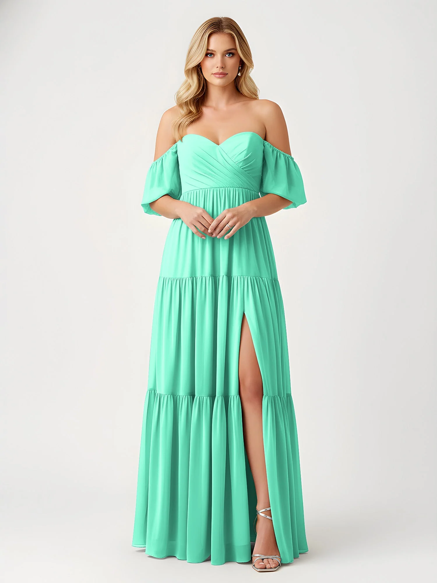 Schulterfrei Stufen Chiffon Maxi Kleid mit Schlitz Türkis