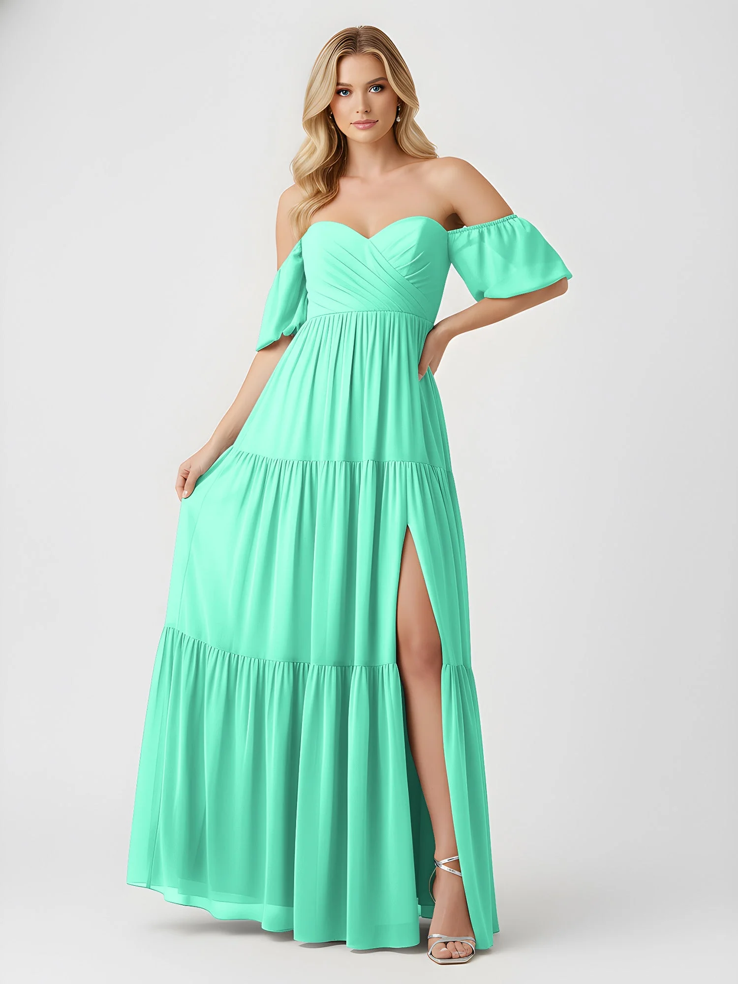 Schulterfrei Stufen Chiffon Maxi Kleid mit Schlitz Türkis - Image 3