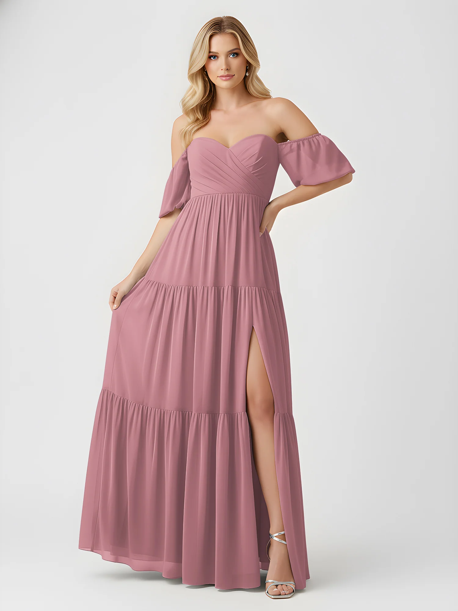 Schulterfrei Stufen Chiffon Maxi Kleid mit Schlitz Vintage Mauve - Image 3