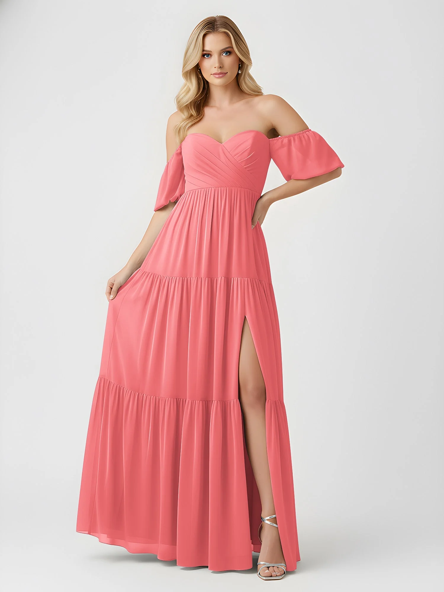 Schulterfrei Stufen Chiffon Maxi Kleid mit Schlitz Wassermelone - Image 3