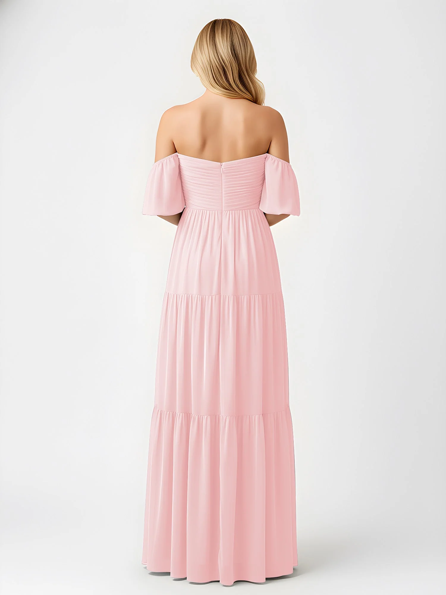 Schulterfrei Stufen Chiffon Maxi Kleid mit Schlitz Zartrosa - Image 2