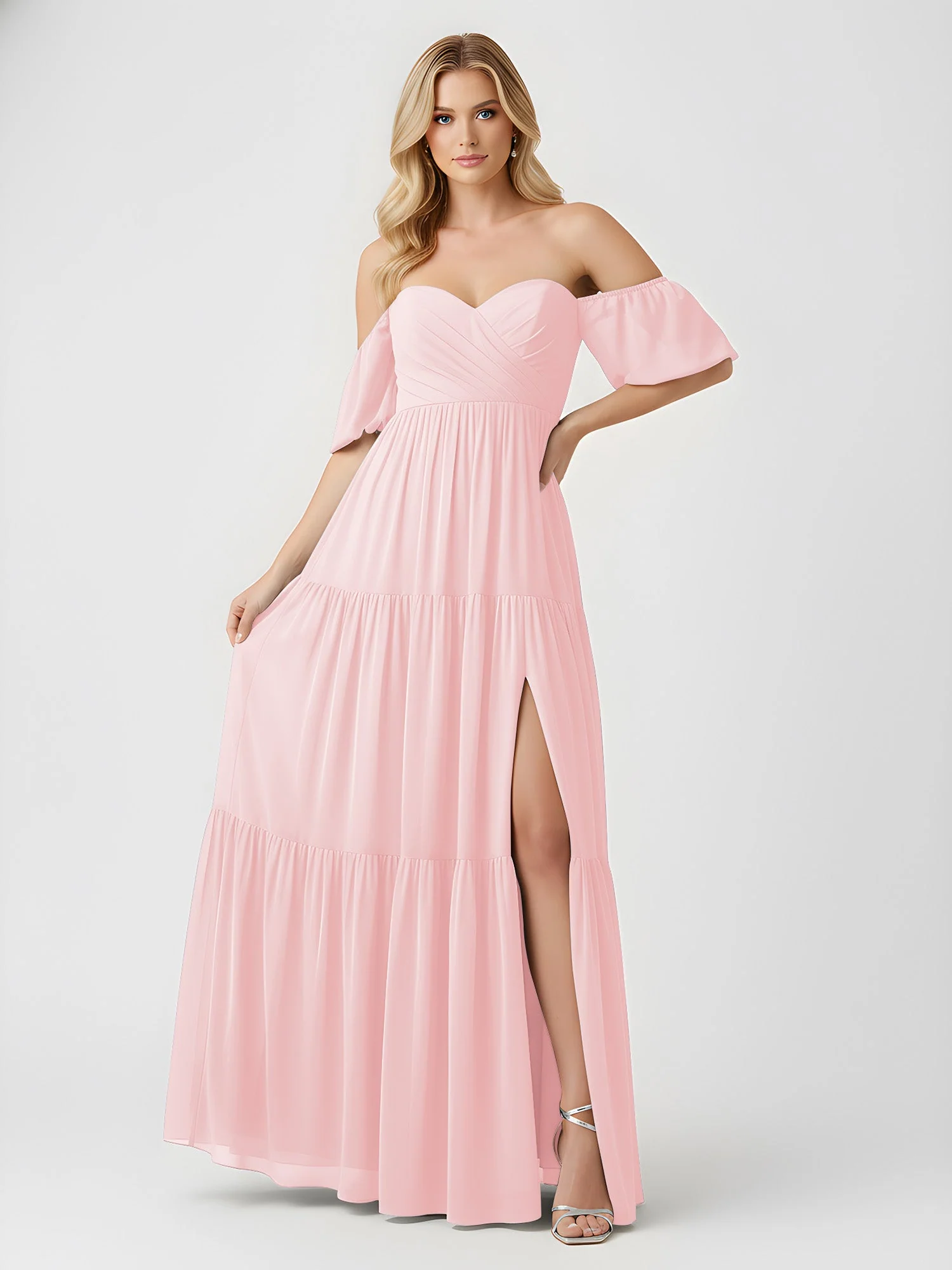Schulterfrei Stufen Chiffon Maxi Kleid mit Schlitz Zartrosa - Image 3