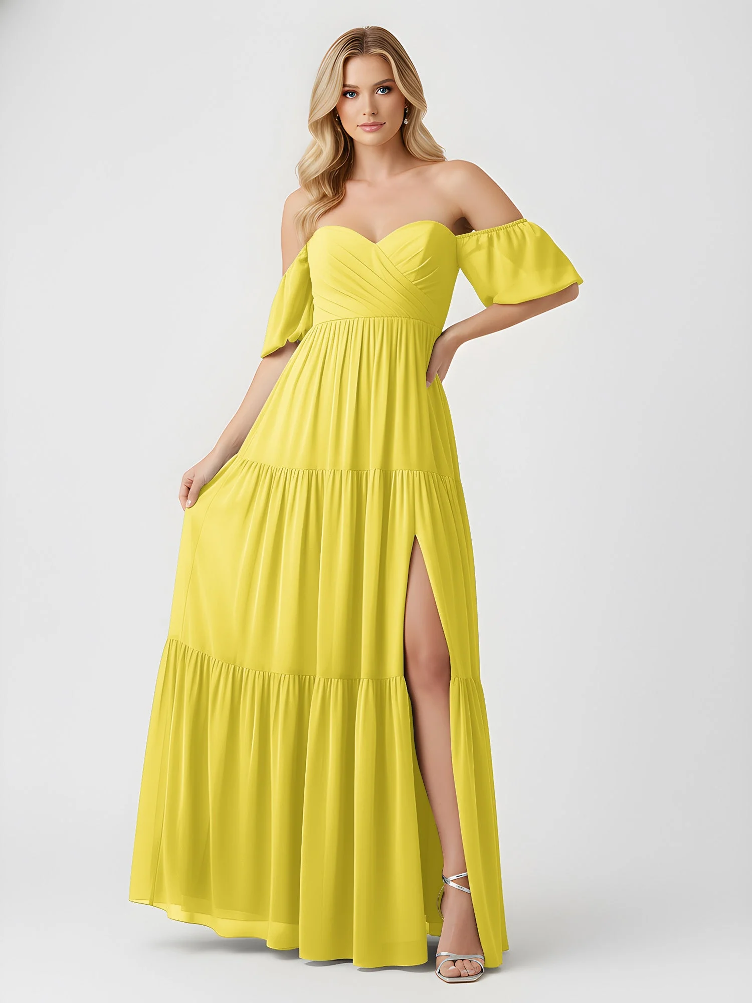 Schulterfrei Stufen Chiffon Maxi Kleid mit Schlitz Zitrone - Image 3