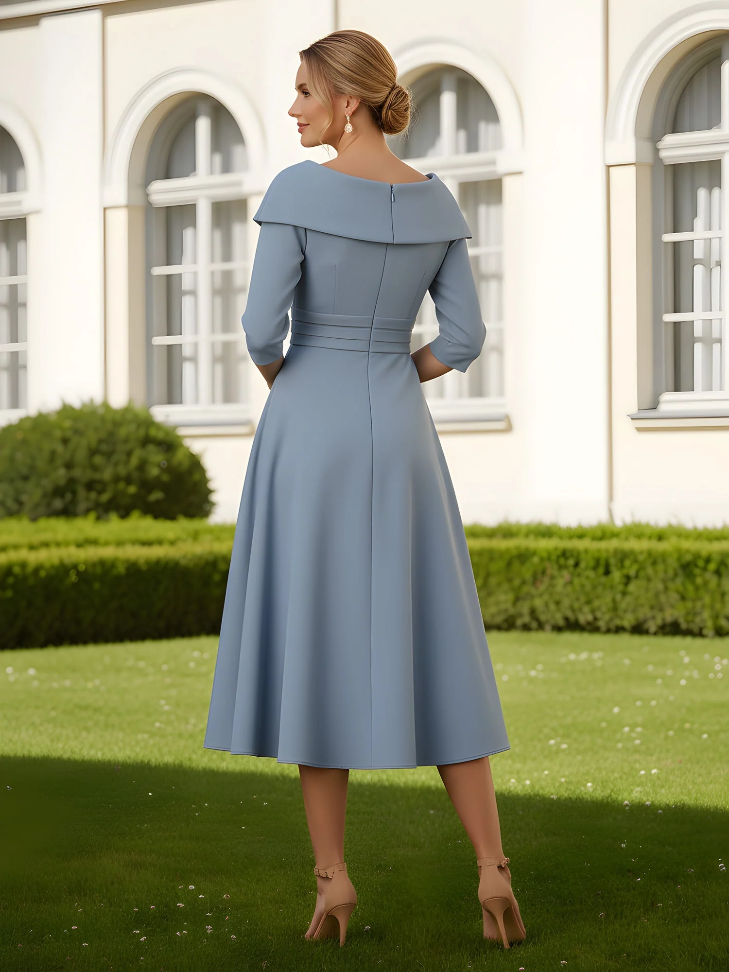 A-Linie Herzform Ausschnitt Plissee Wadenlang Kleid Stahlgrau - Image 2