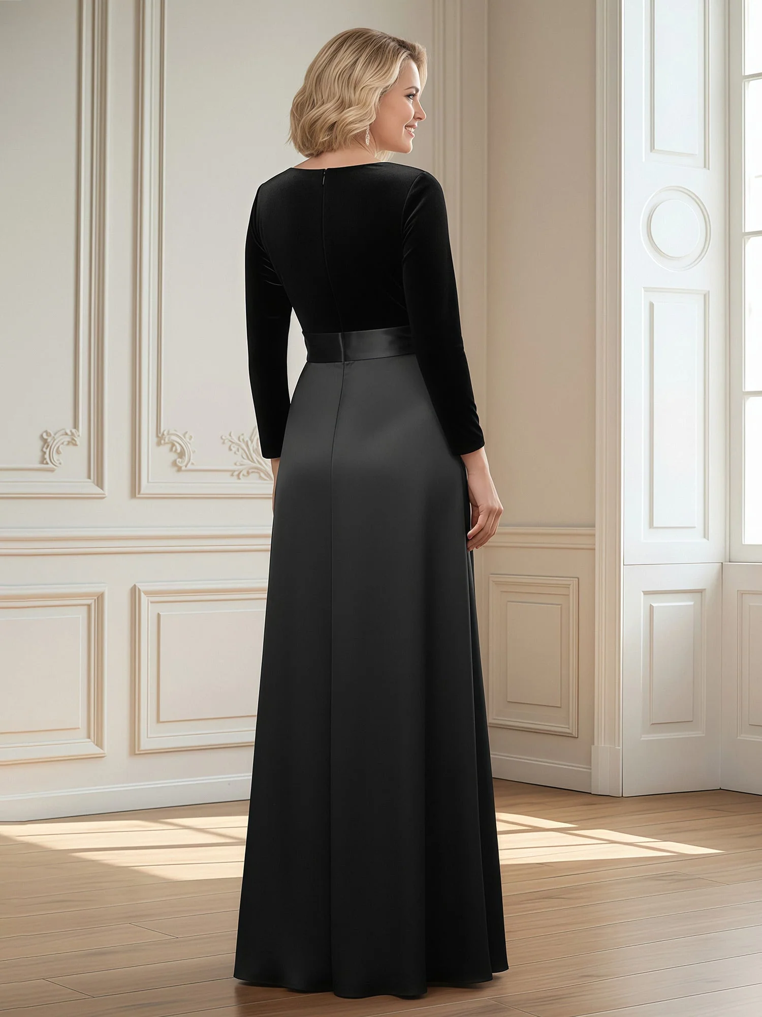 A-Linie V-Ausschnitt Lang Samt Satin Kleid mit Schlitz Königsblau - Image 2