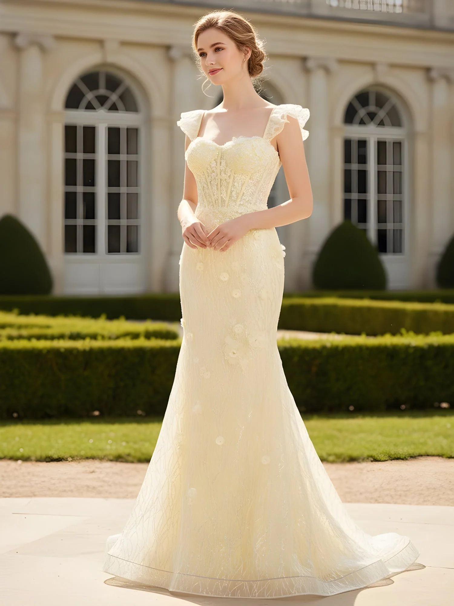 3D Blumen Applique Spitzen Korsett Meerjungfrau Kleid Narzisse