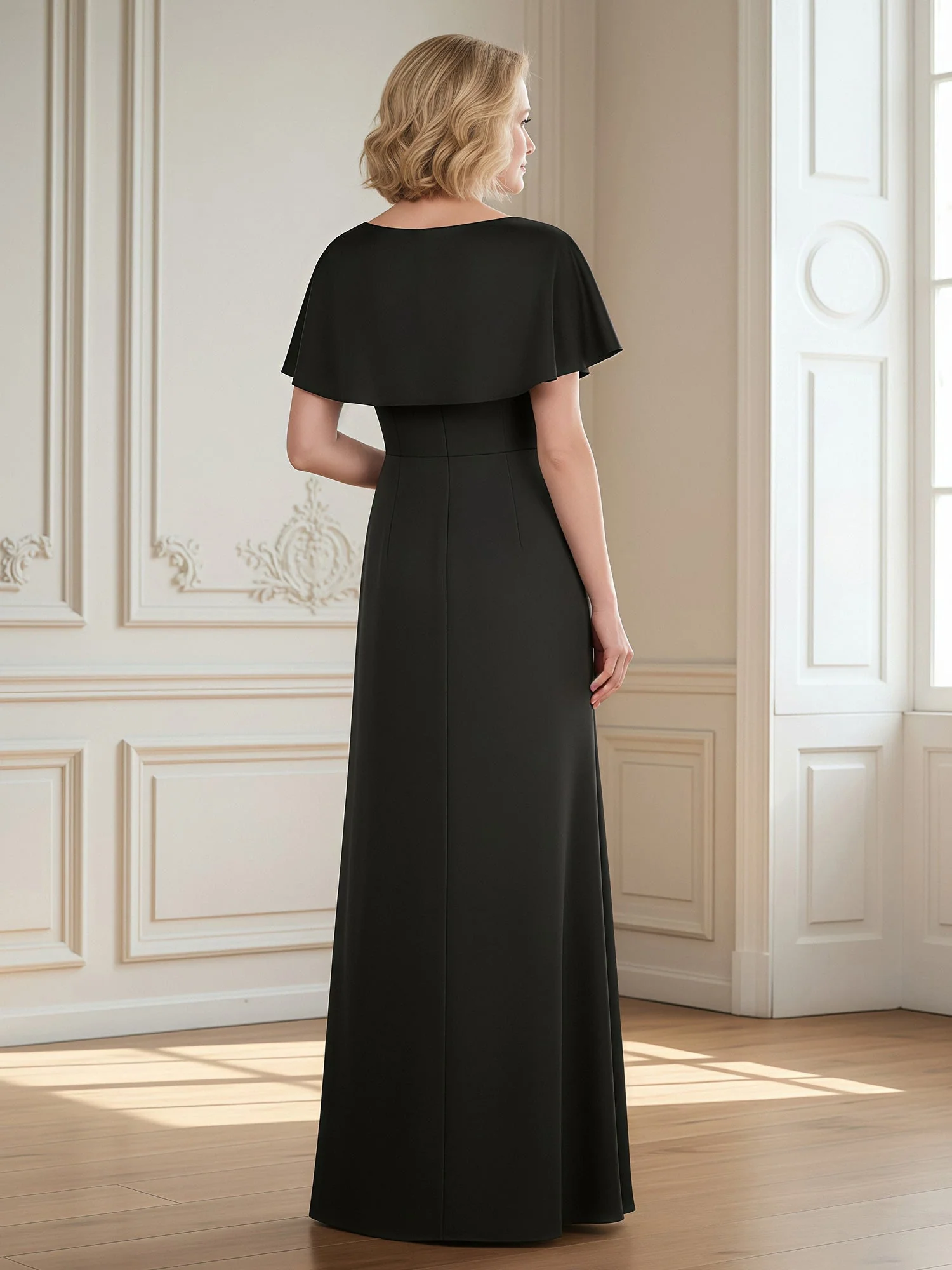 Flatterärmel Plissee V-Ausschnitt Etui Lang Kleid Rot - Image 2