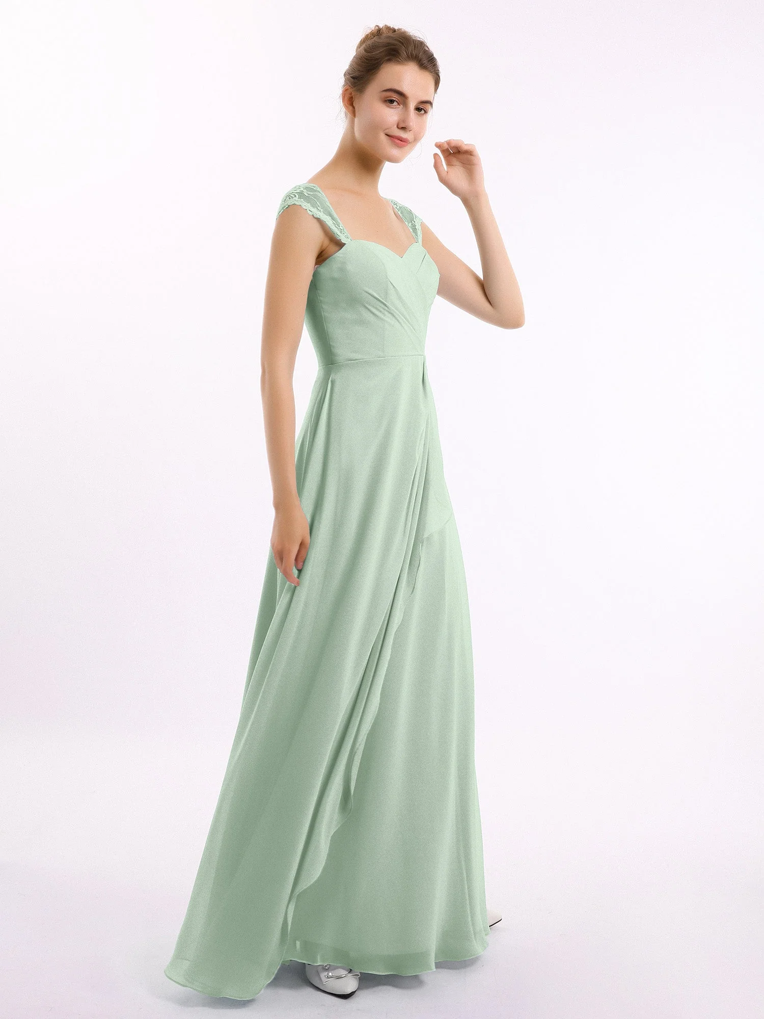 Chiffon Brautjungfernkleid mit Spitze Flügelärmel Agavengrün - Image 3
