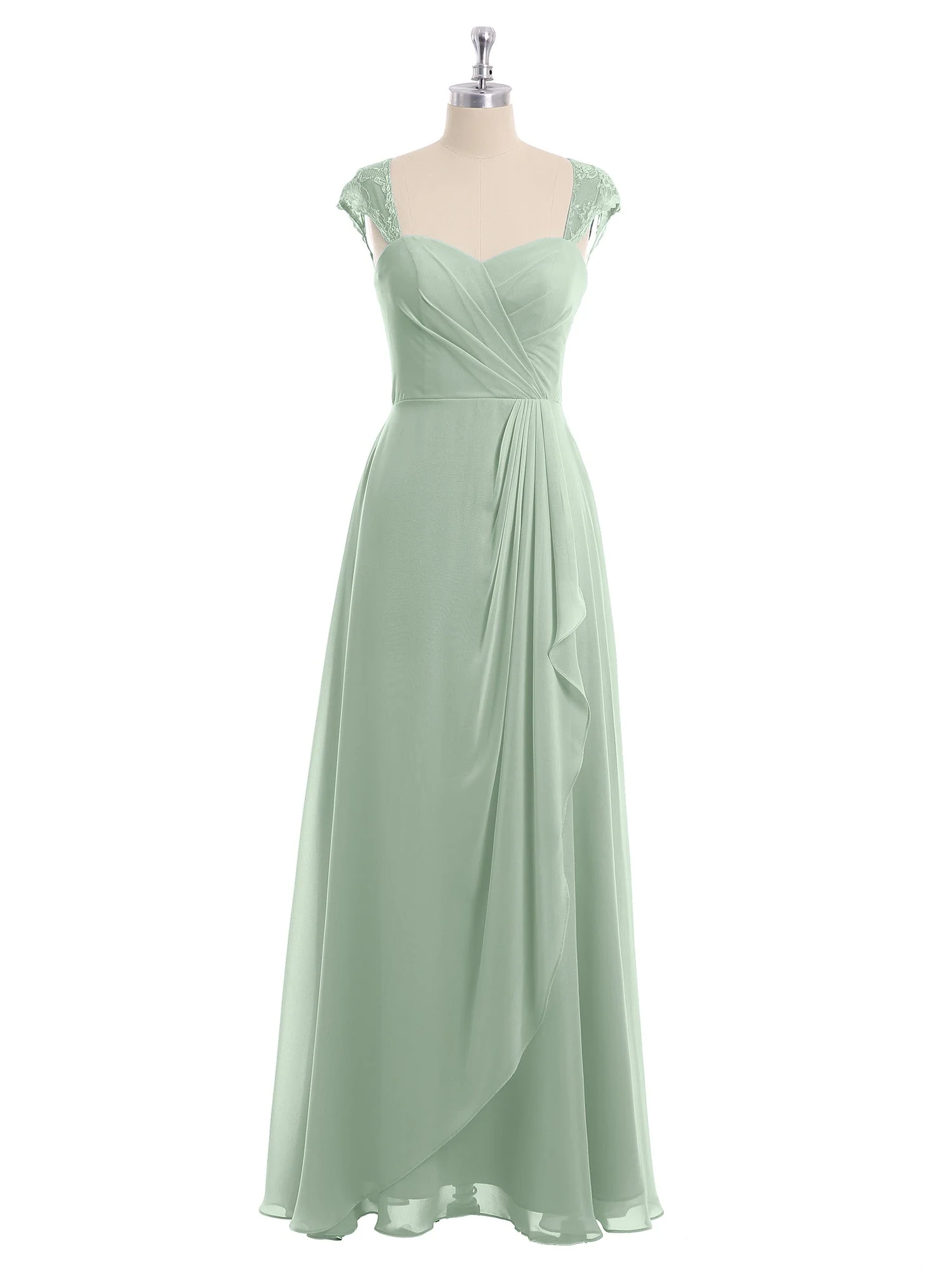 Chiffon Brautjungfernkleid mit Spitze Flügelärmel Agavengrün - Image 4