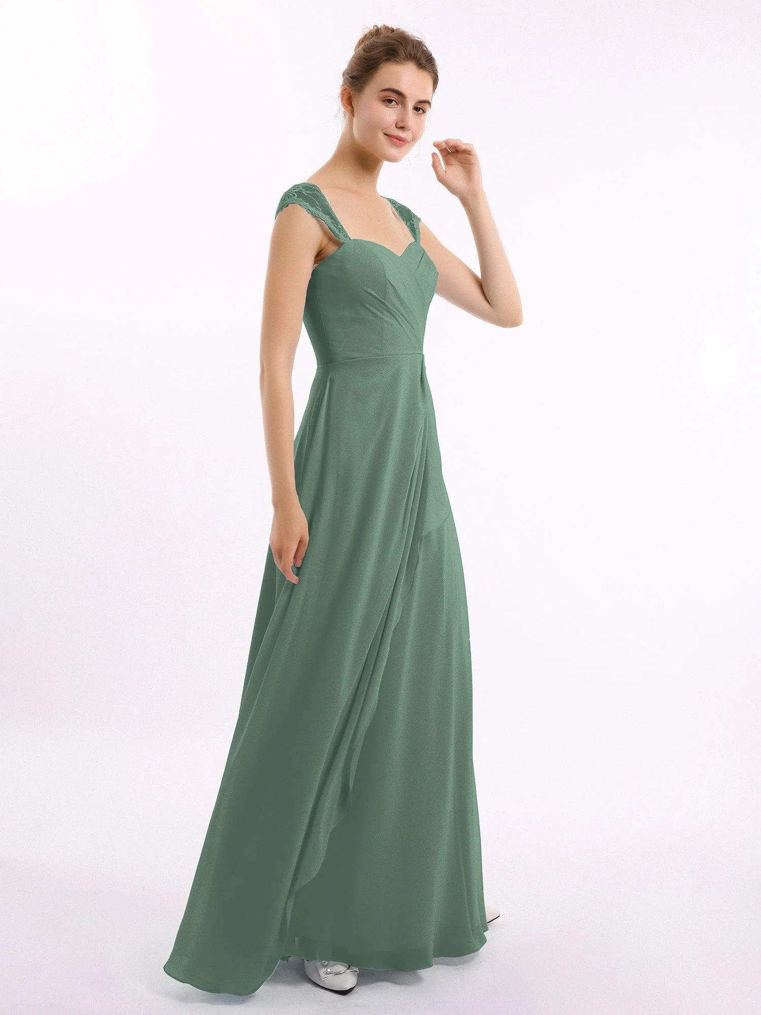 Chiffon Brautjungfernkleid mit Spitze Flügelärmel Eukalyptus - Image 3